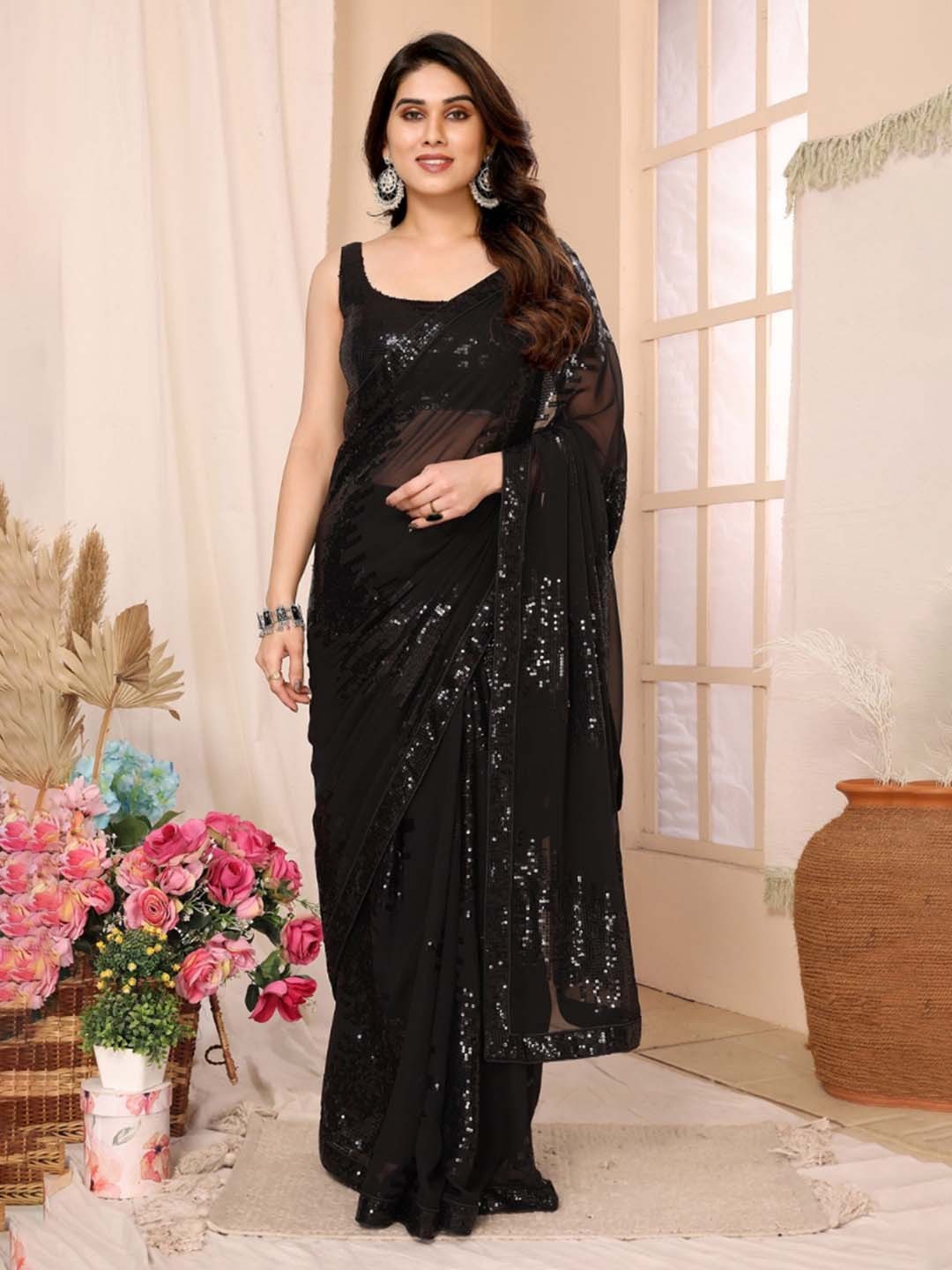 

VAIRAGEE Embellished Embroidered Ready to Wear Saree, Black