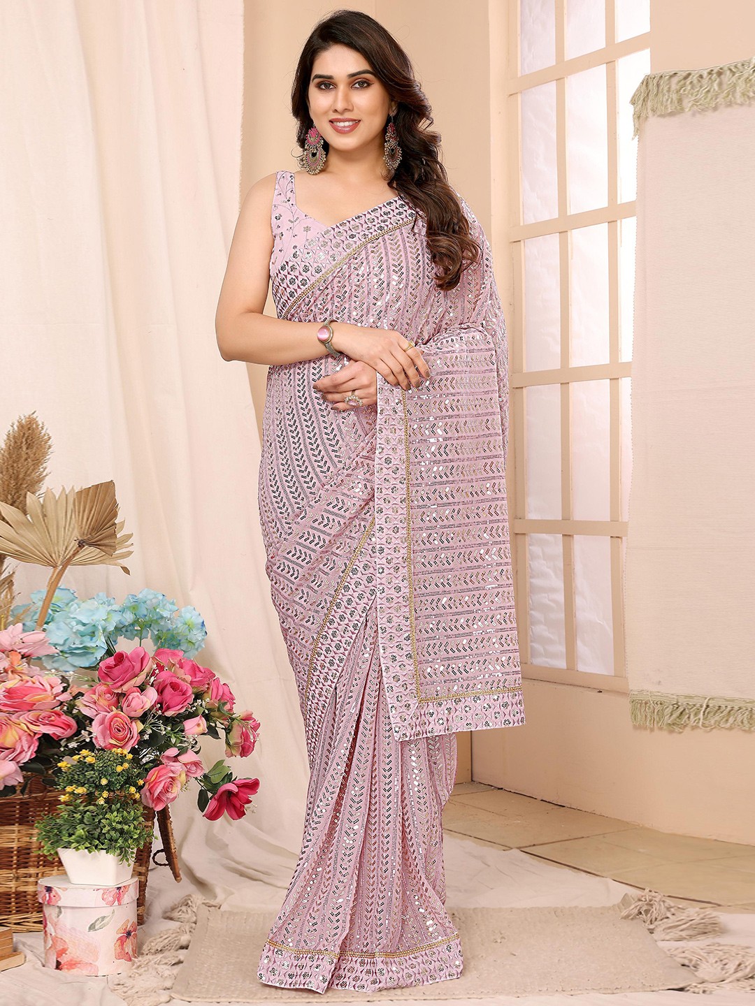 

VAIRAGEE Embellished Embroidered Ready to wear Saree, Pink