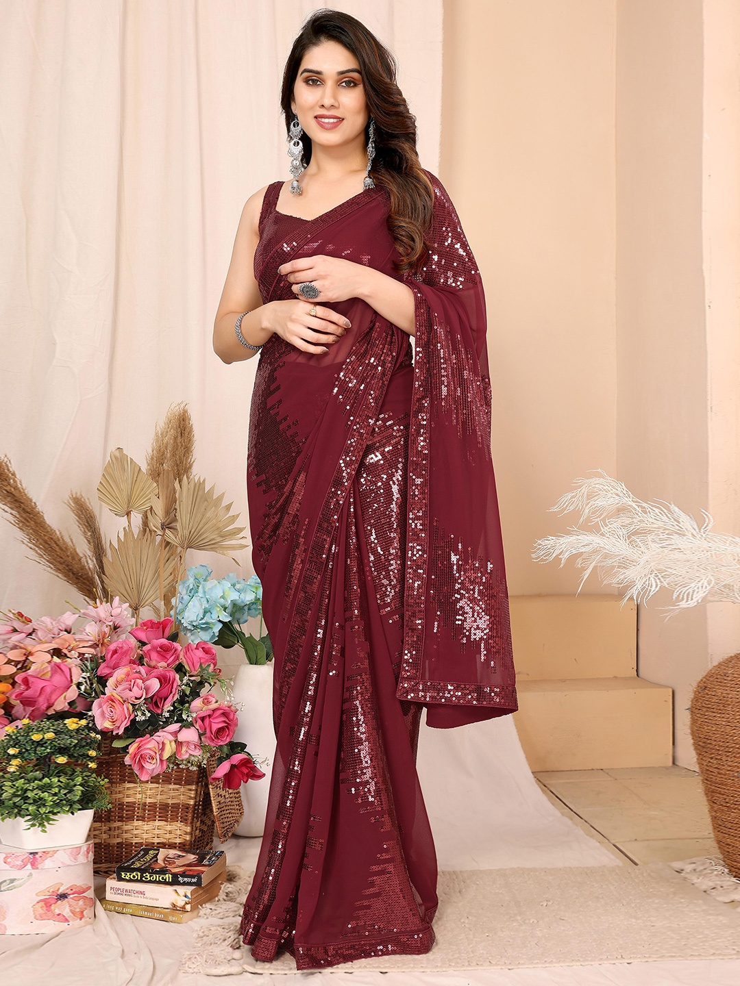 VAIRAGEE Dolly Embellished Sequinned Ready to Wear Saree, Maroon