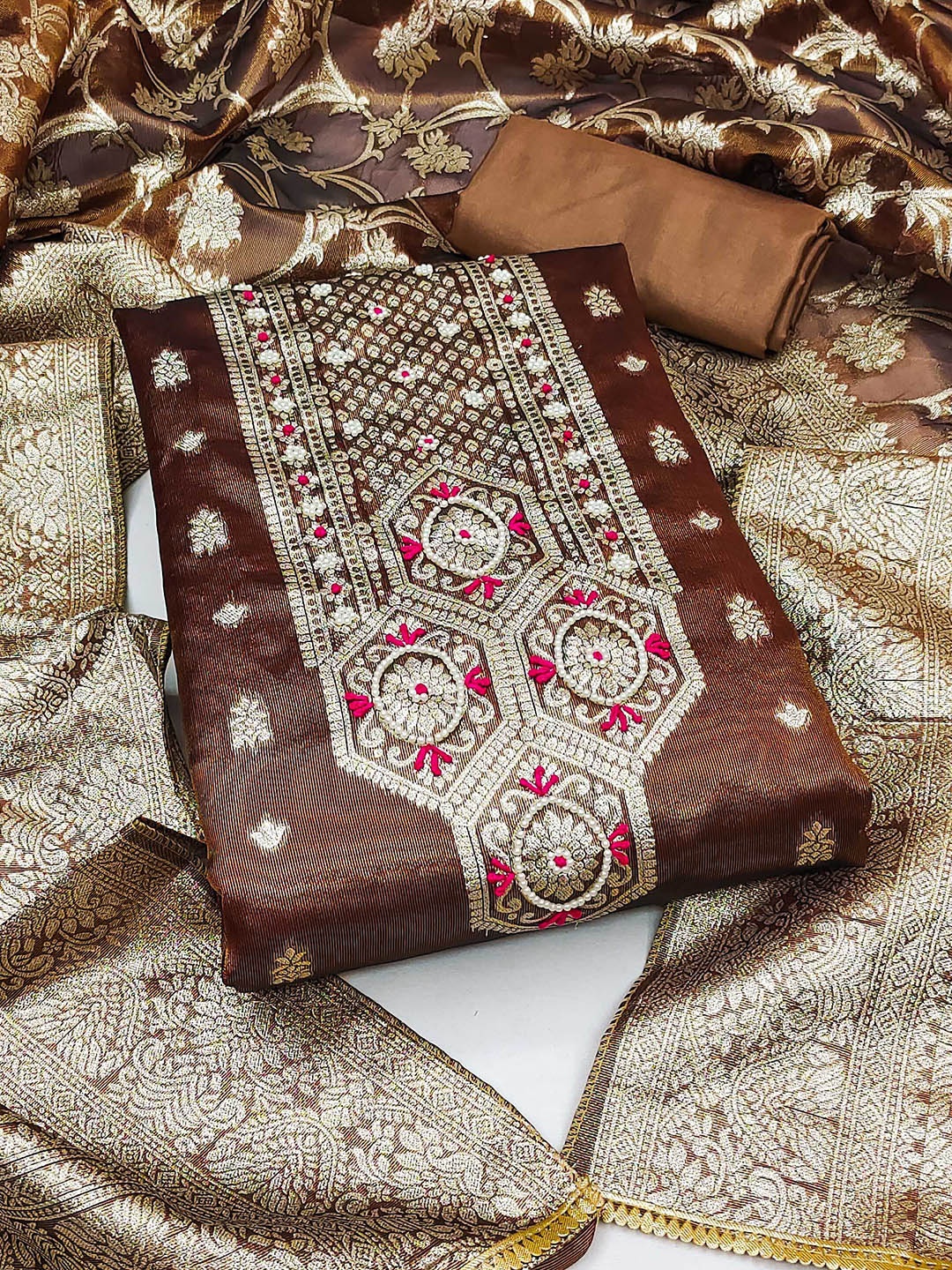 KALINI Ethnic Motifs Woven Design Zari Unstitched Dress Material, Mustard