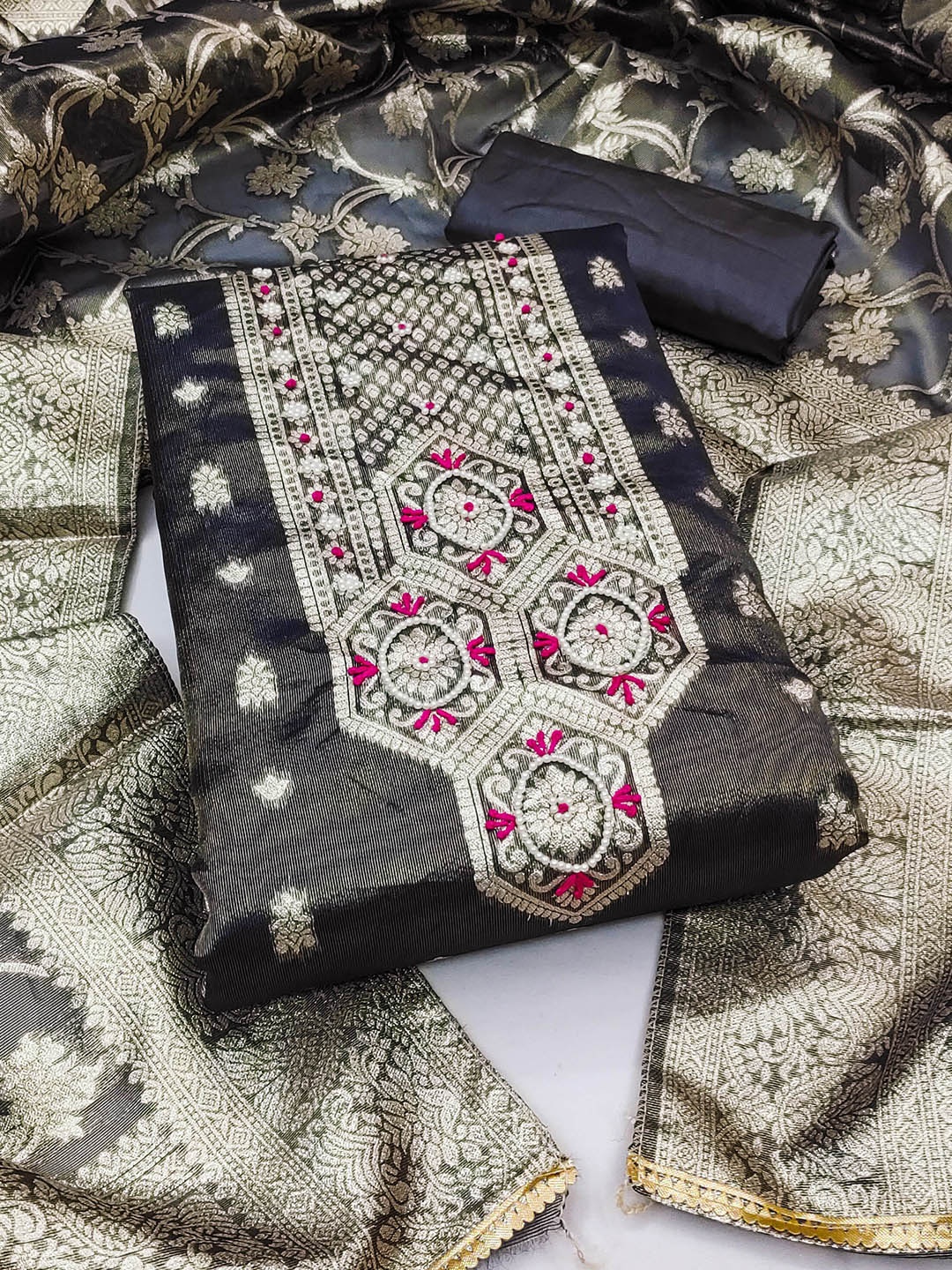 

KALINI Ethnic Motifs Woven Design Zari Unstitched Dress Material, Grey