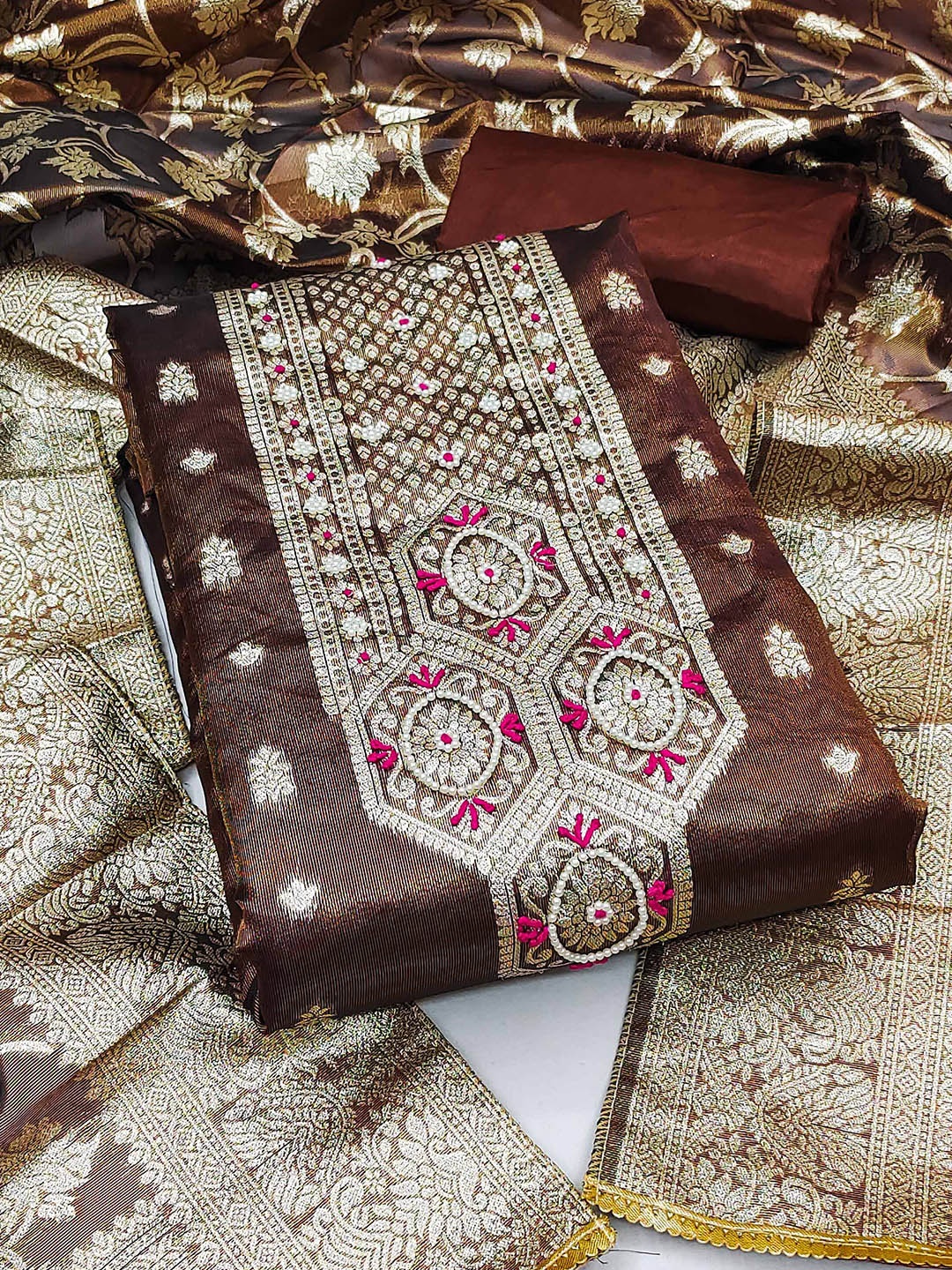 

KALINI Ethnic Motifs Woven Design Zari Unstitched Dress Material, Brown