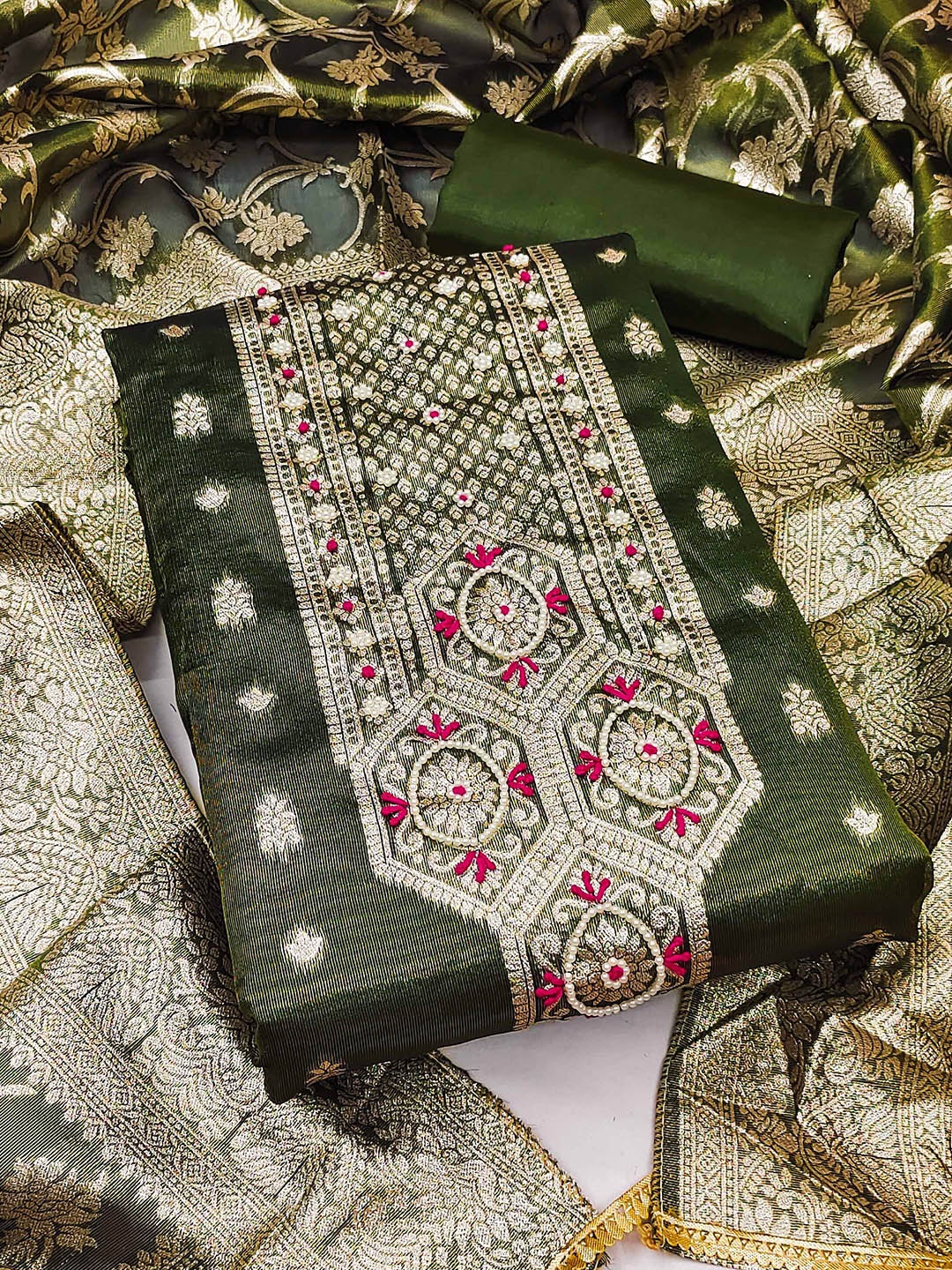 

KALINI Ethnic Motifs Woven Design Zari Unstitched Dress Material, Green