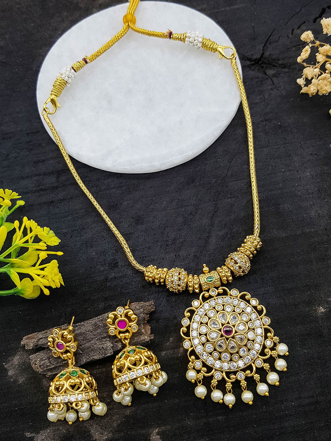 

GRIIHAM Premium Sayara Collection Gold-Plated Cubic Zirconia Studded Jewellery Set
