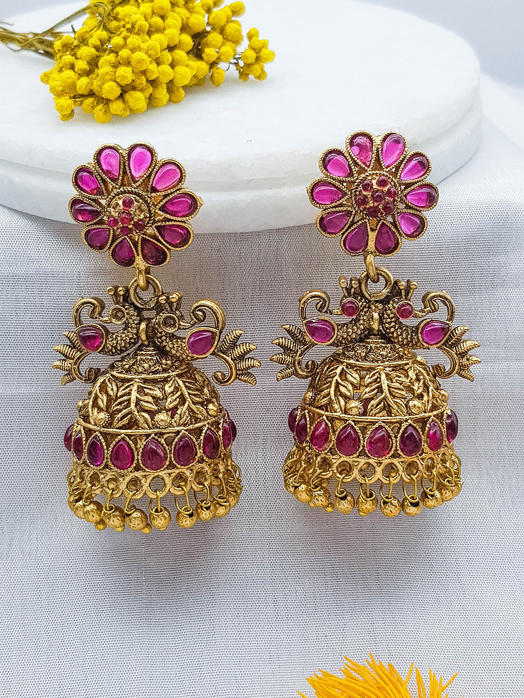 

GRIIHAM Gold-Plated Contemporary Jhumkas, Pink