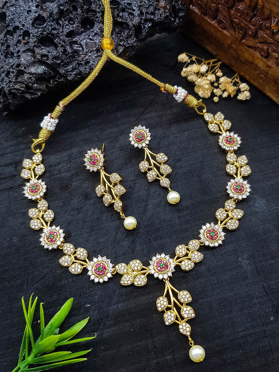 

GRIIHAM Premium Sayara Collection Gold-Plated CZ Studded & Beaded Jewellery Set