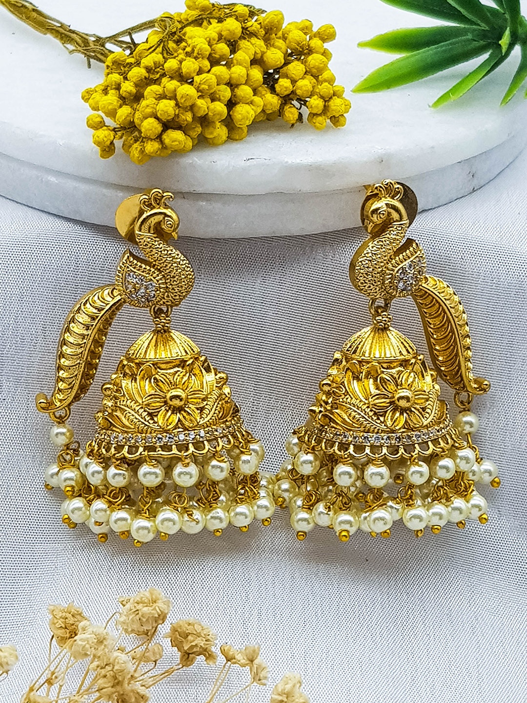 

GRIIHAM Gold-Plated Peacock Shaped Jhumkas Earrings