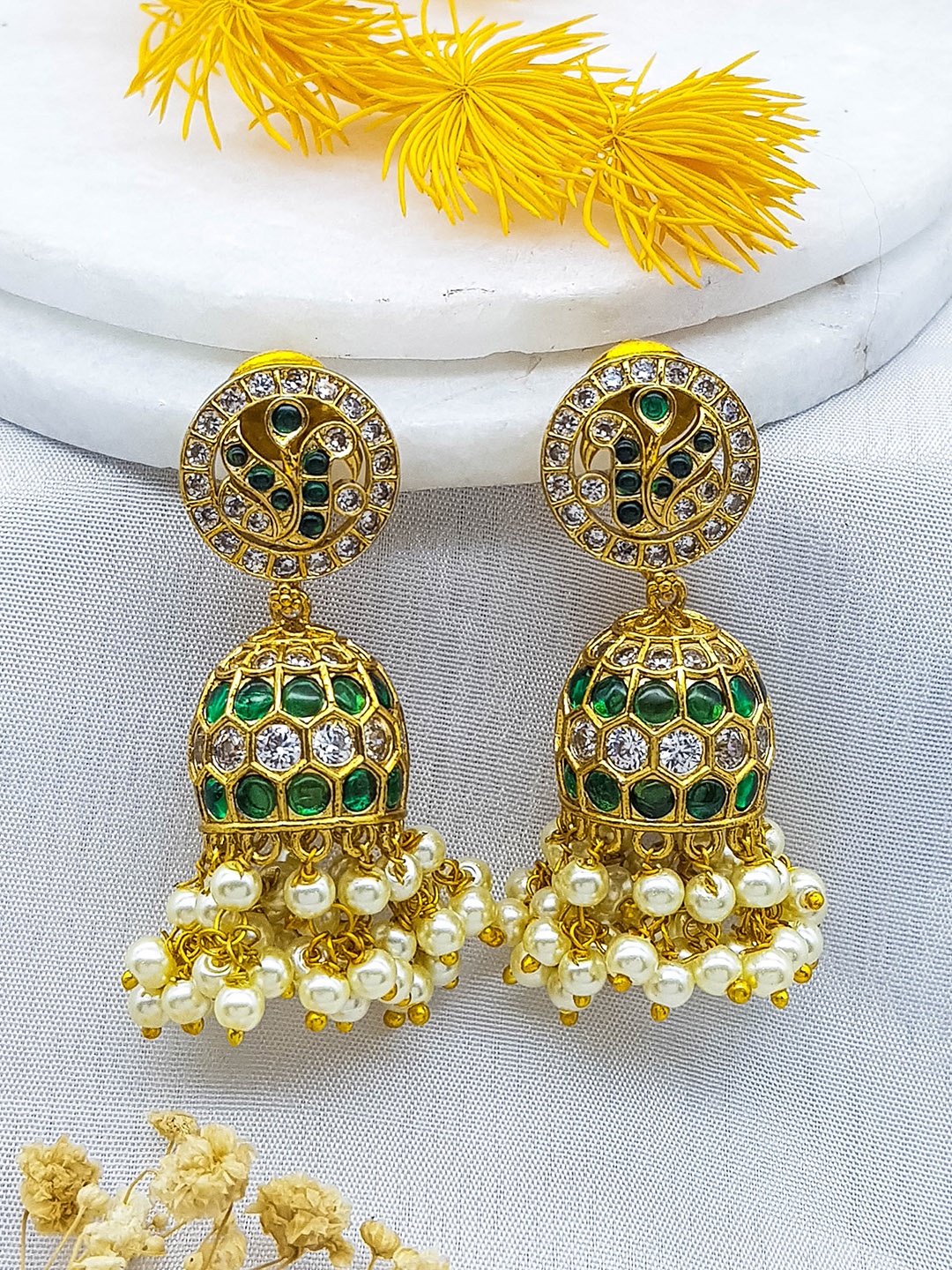 

GRIIHAM Gold-Plated American Diamond-Studded & Beaded Dome Shaped Jhumkas