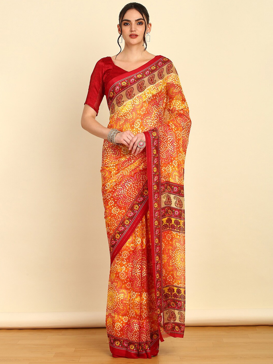 

Soch Bandhani Pure Chiffon Bandhani Saree, Orange