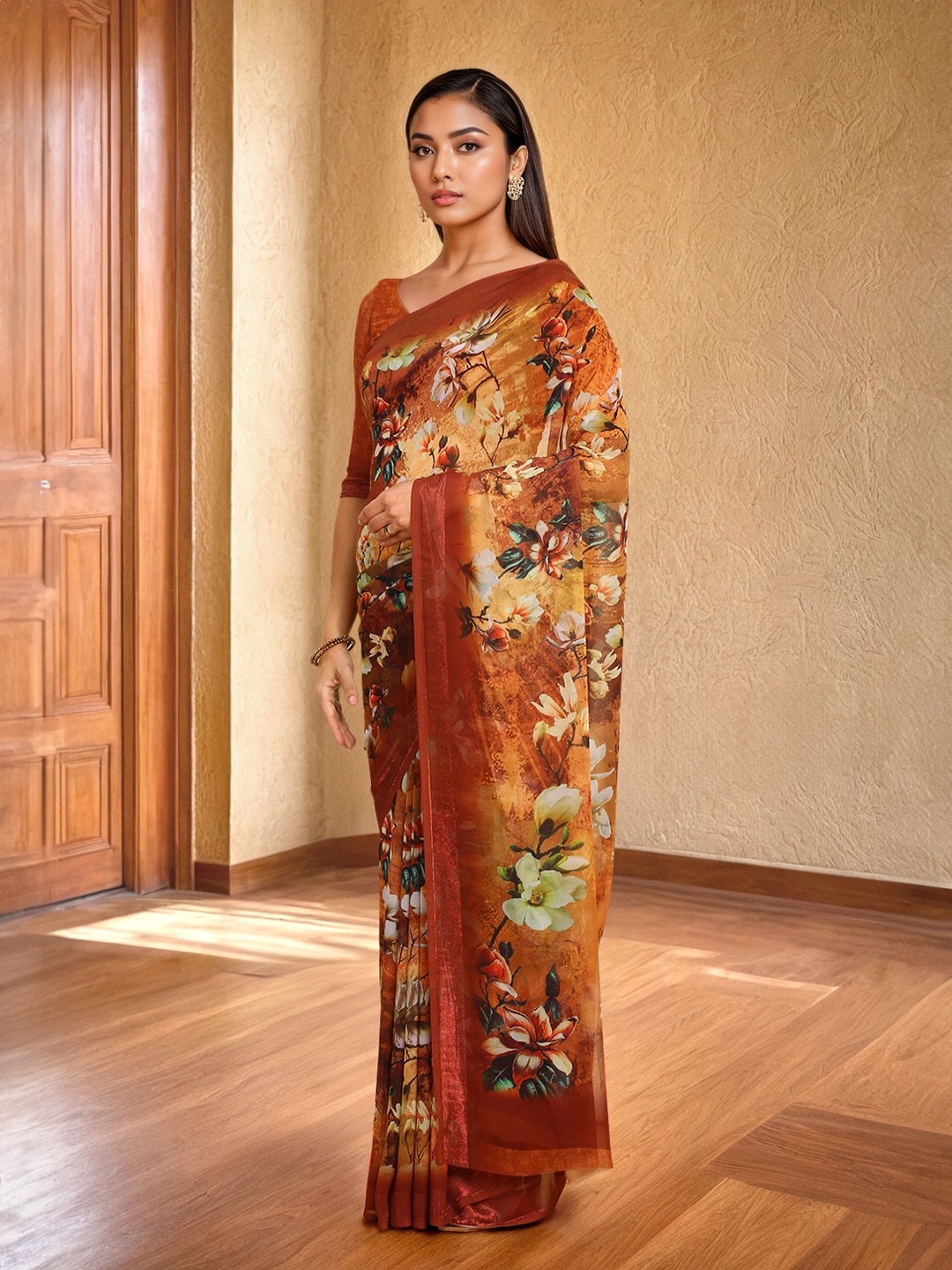 

Soch Floral Pure Georgette Saree, Rust