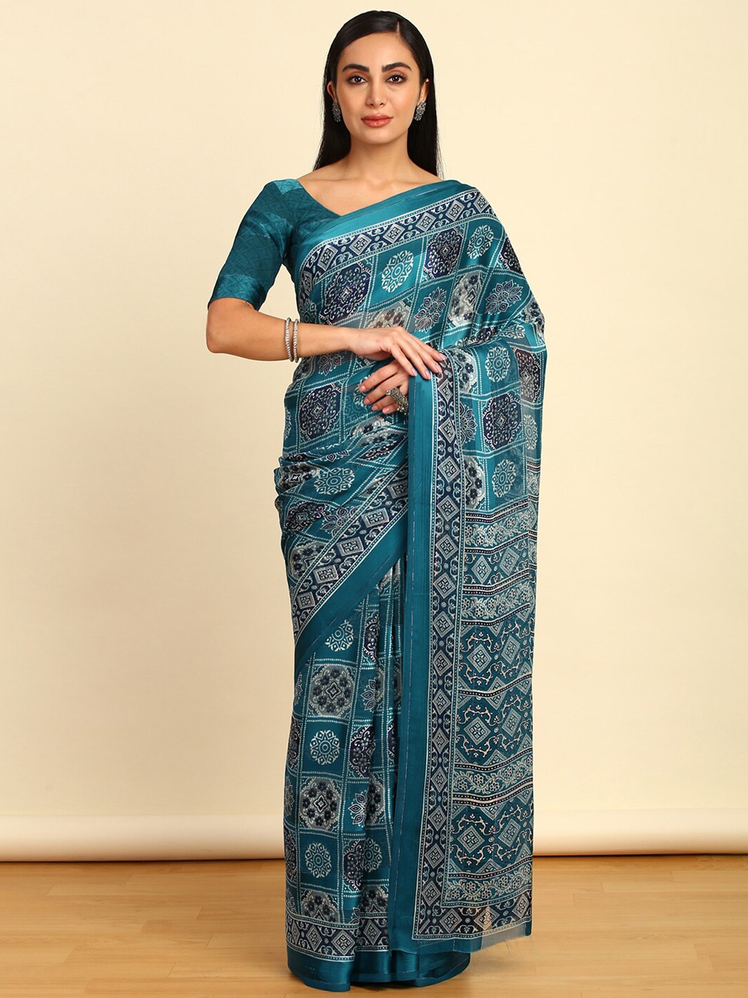 

Soch Ethnic Motifs Pure Chiffon Saree, Turquoise blue
