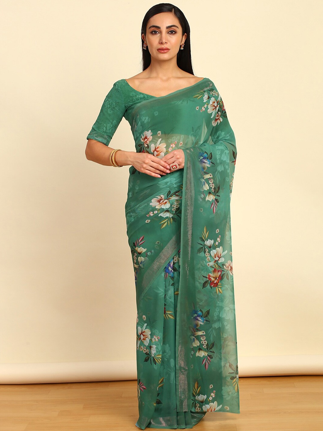 

Soch Floral Zari Pure Georgette Saree, Green
