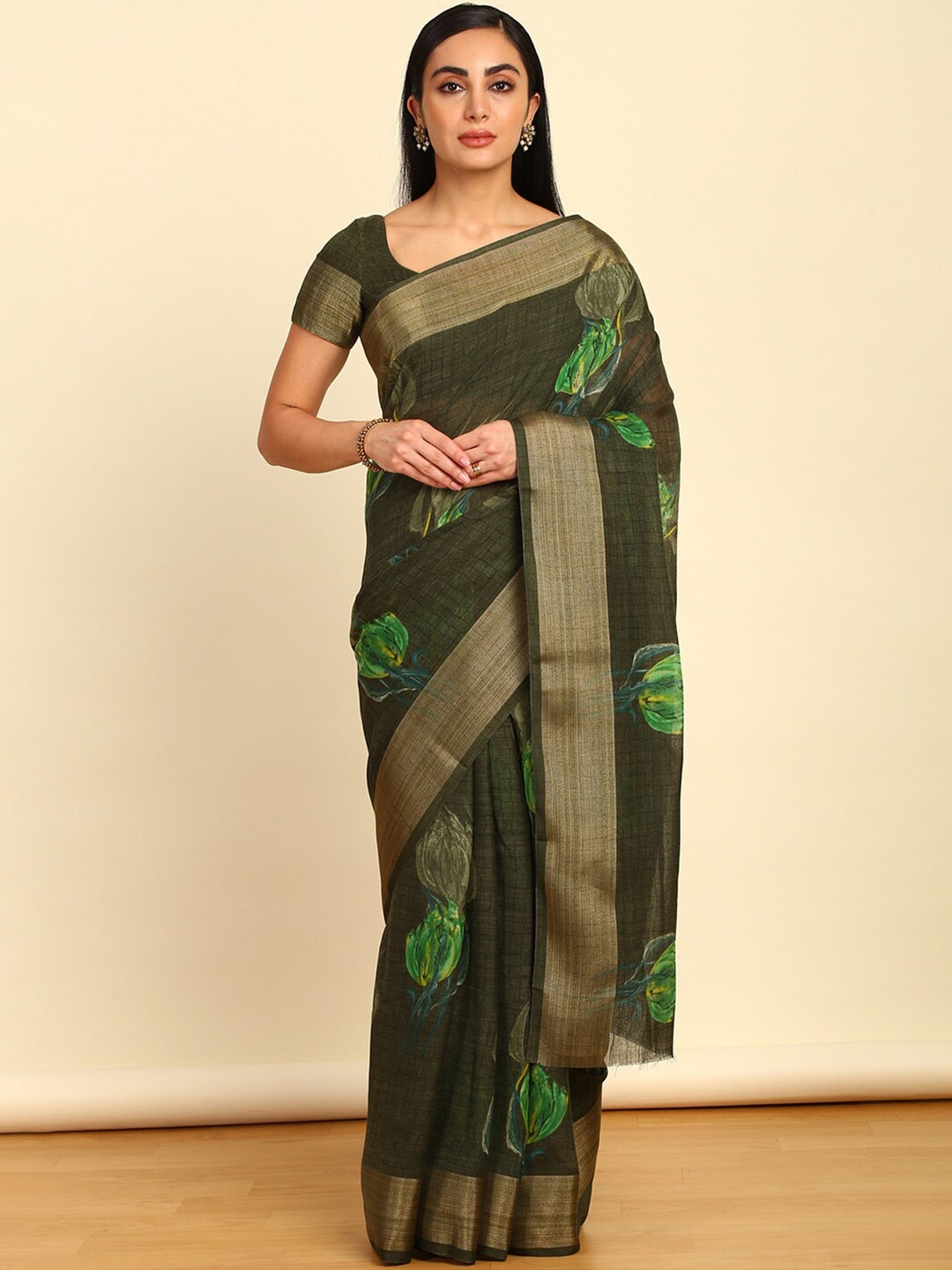 

Soch Floral Printed Zari Pure Linen Saree, Green