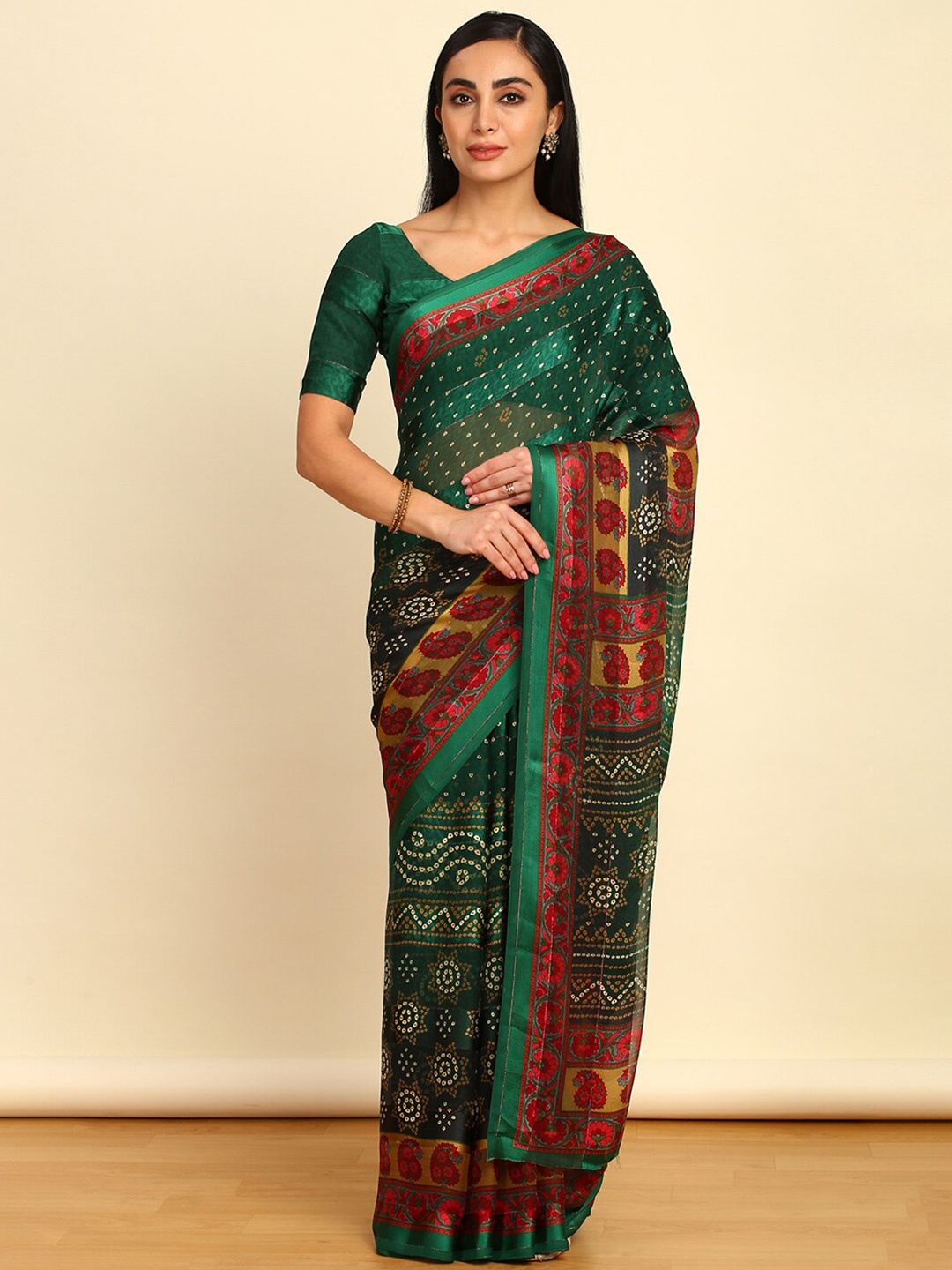 

Soch Bandhani Pure Chiffon Bandhani Saree, Green