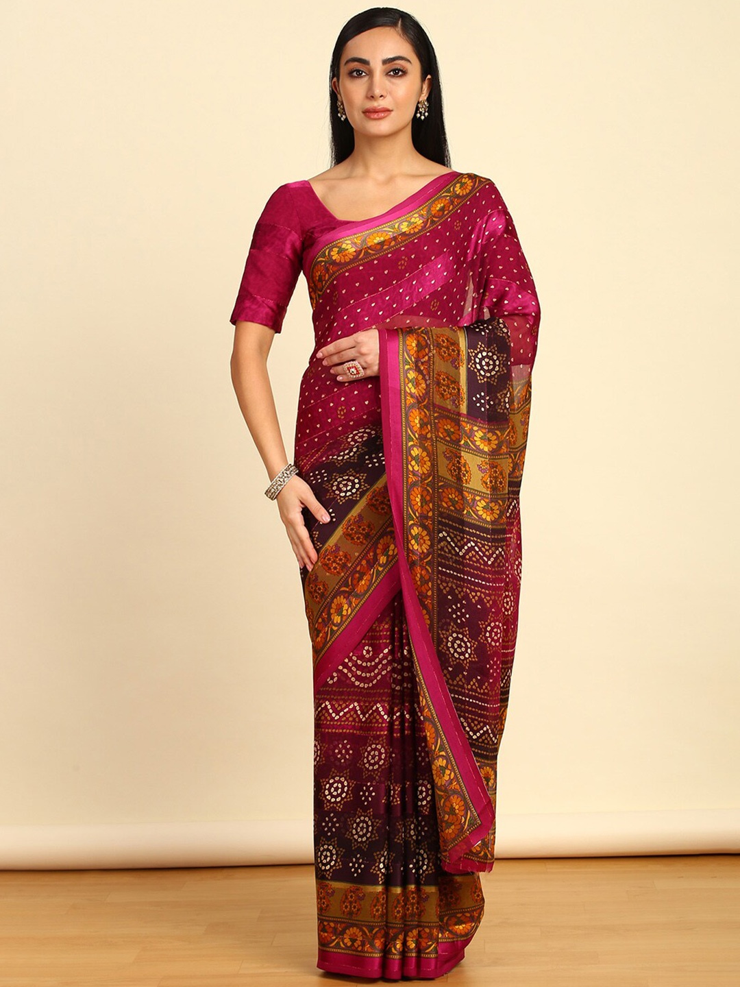 

Soch Printed Pure Chiffon Bandhani Saree, Magenta