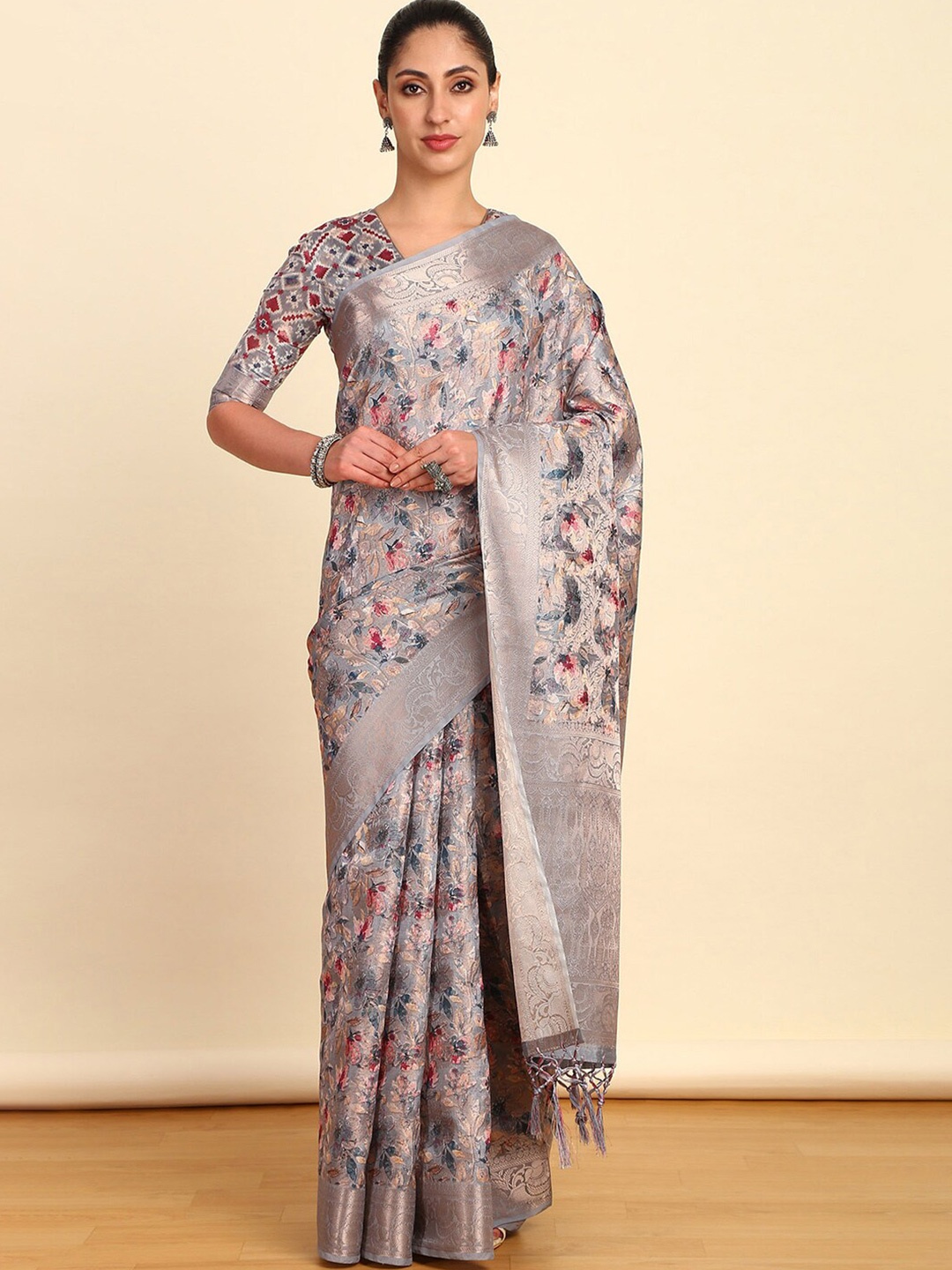 

Soch Grey Floral Printed Zari Saree