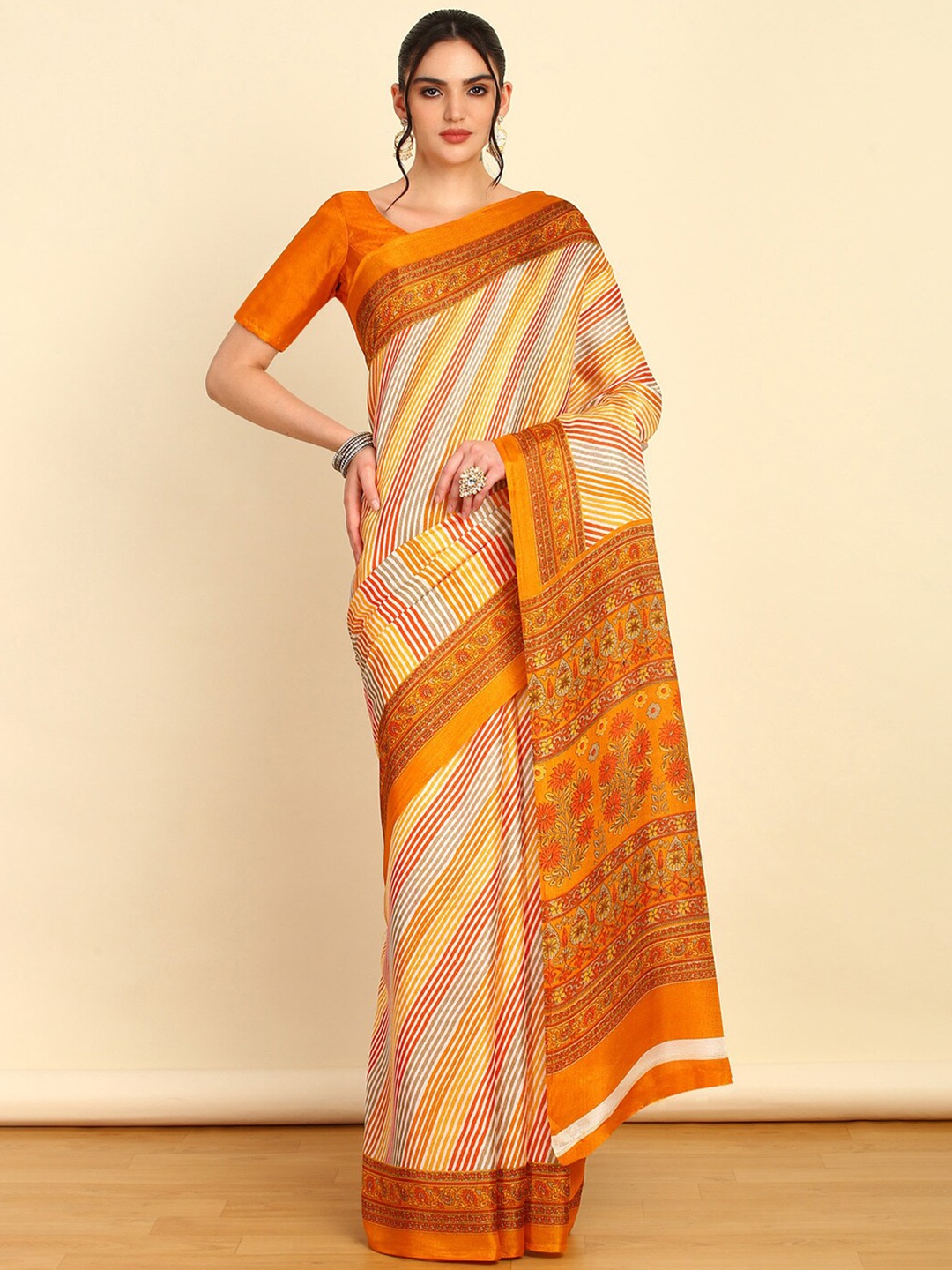 

Soch Striped Art Silk Saree, Mustard