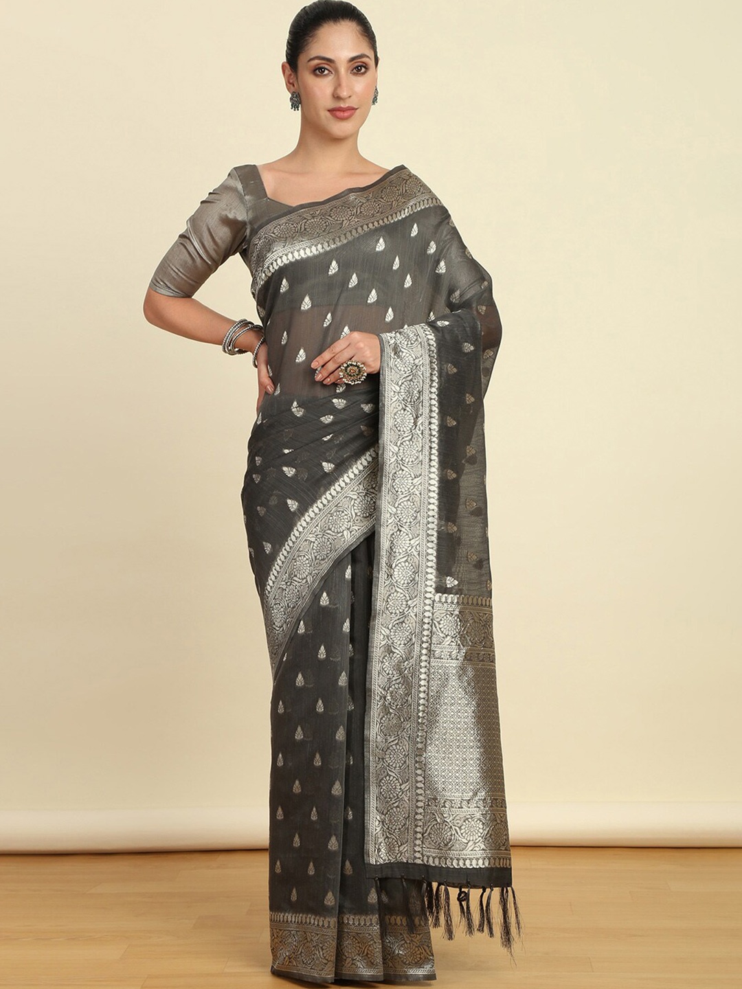 

Soch Ethnic Motifs Woven Design Zari Tussar Saree, Charcoal