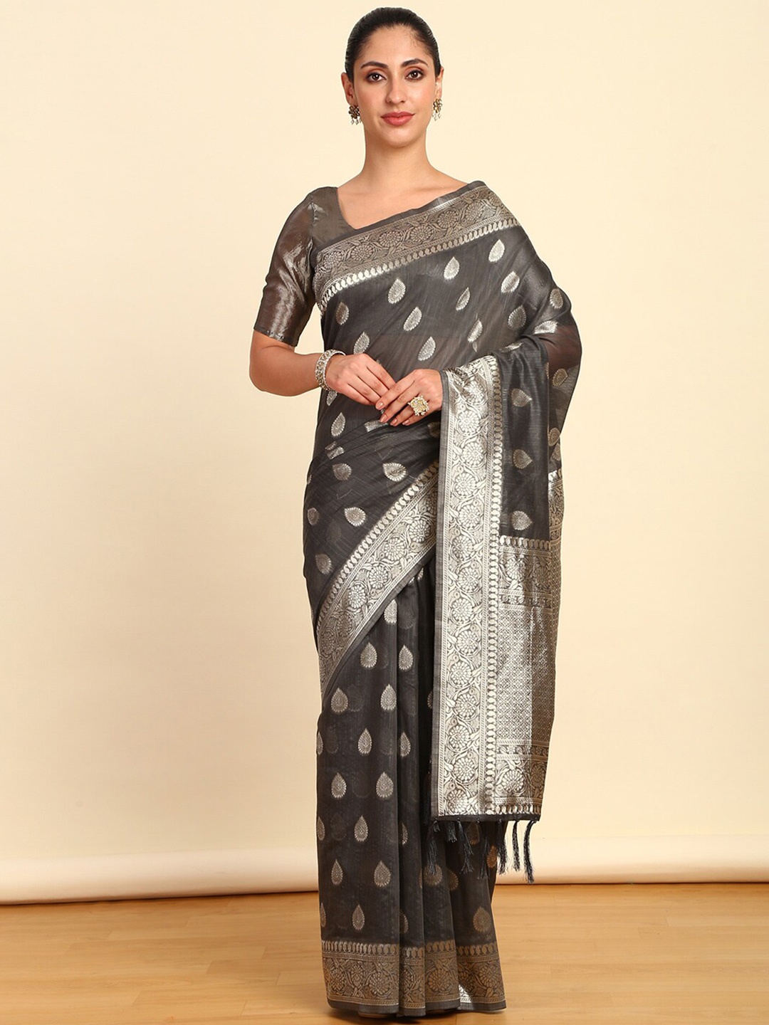 

Soch Grey Ethnic Motifs Woven Design Zari Tussar Saree