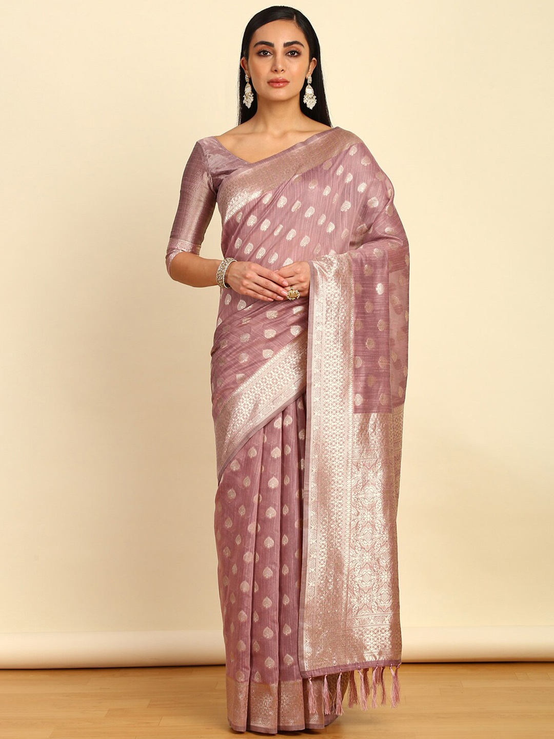 

Soch Pink Ethnic Motifs Woven Design Zari Tussar Saree