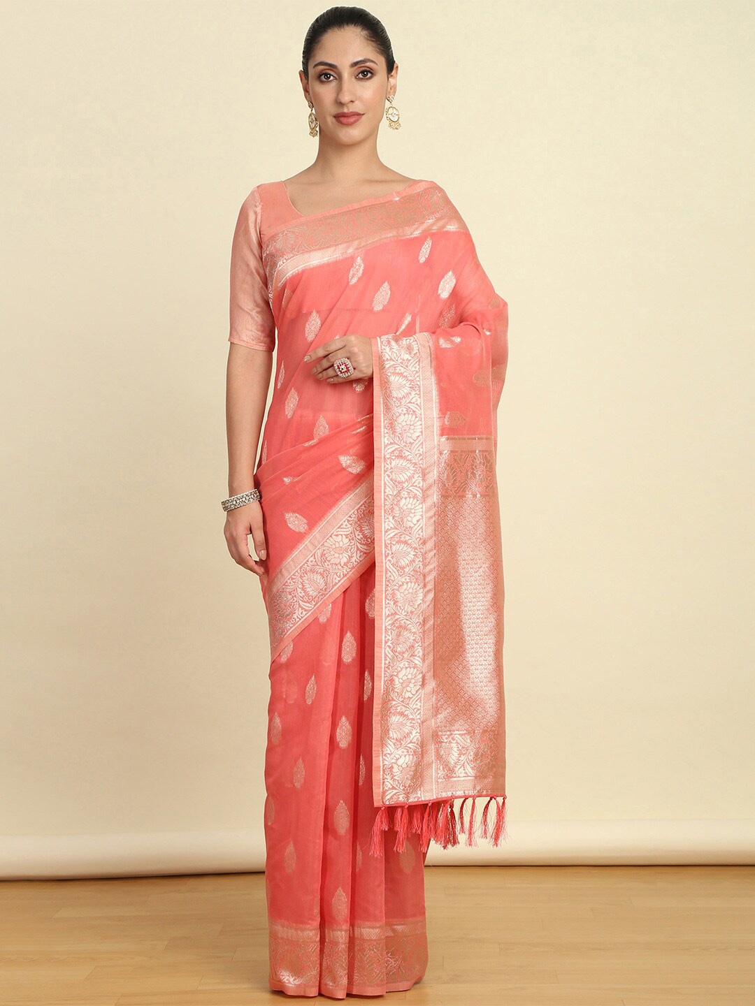 Soch Ethnic Woven Design Zari Tussar Saree, Pink
