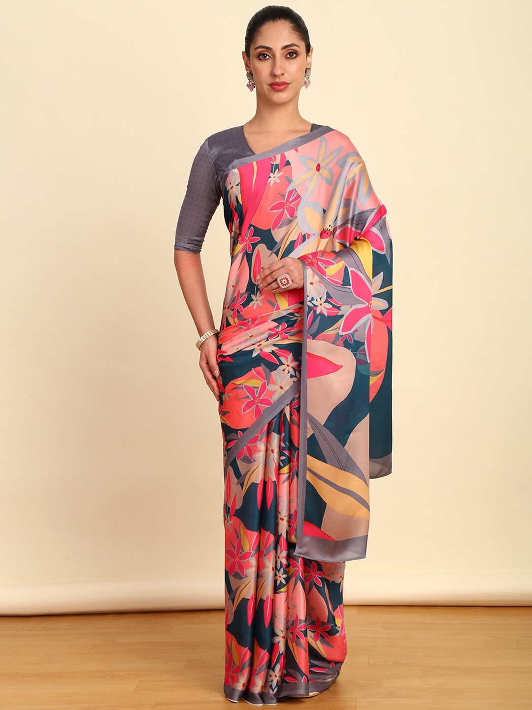 

Soch Floral Printed Pure Crepe Saree, Teal