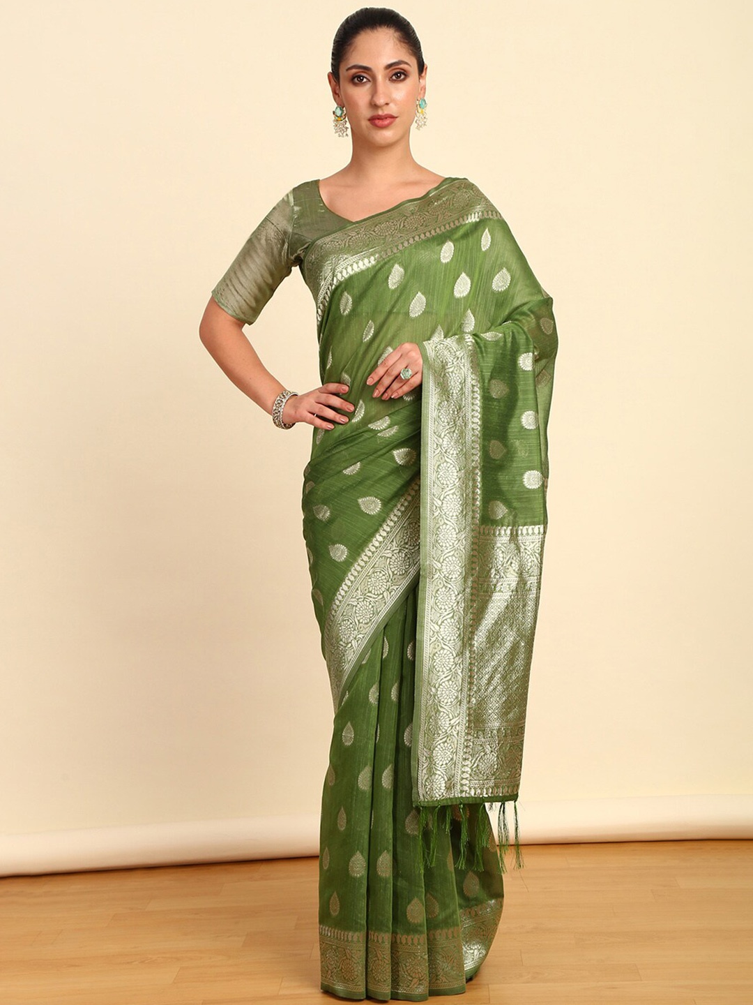 

Soch Ethnic Motifs Woven Design Zari Tussar Saree, Green