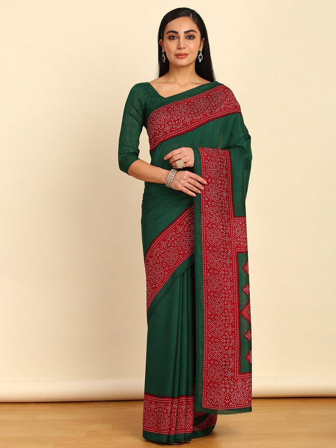 

Soch Bandhani Art Silk Bandhani Saree, Green