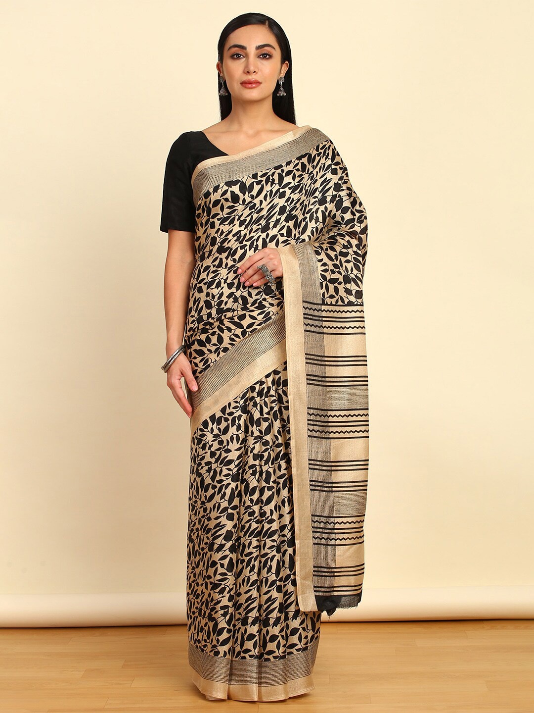 Soch Floral Art Silk Saree, Beige