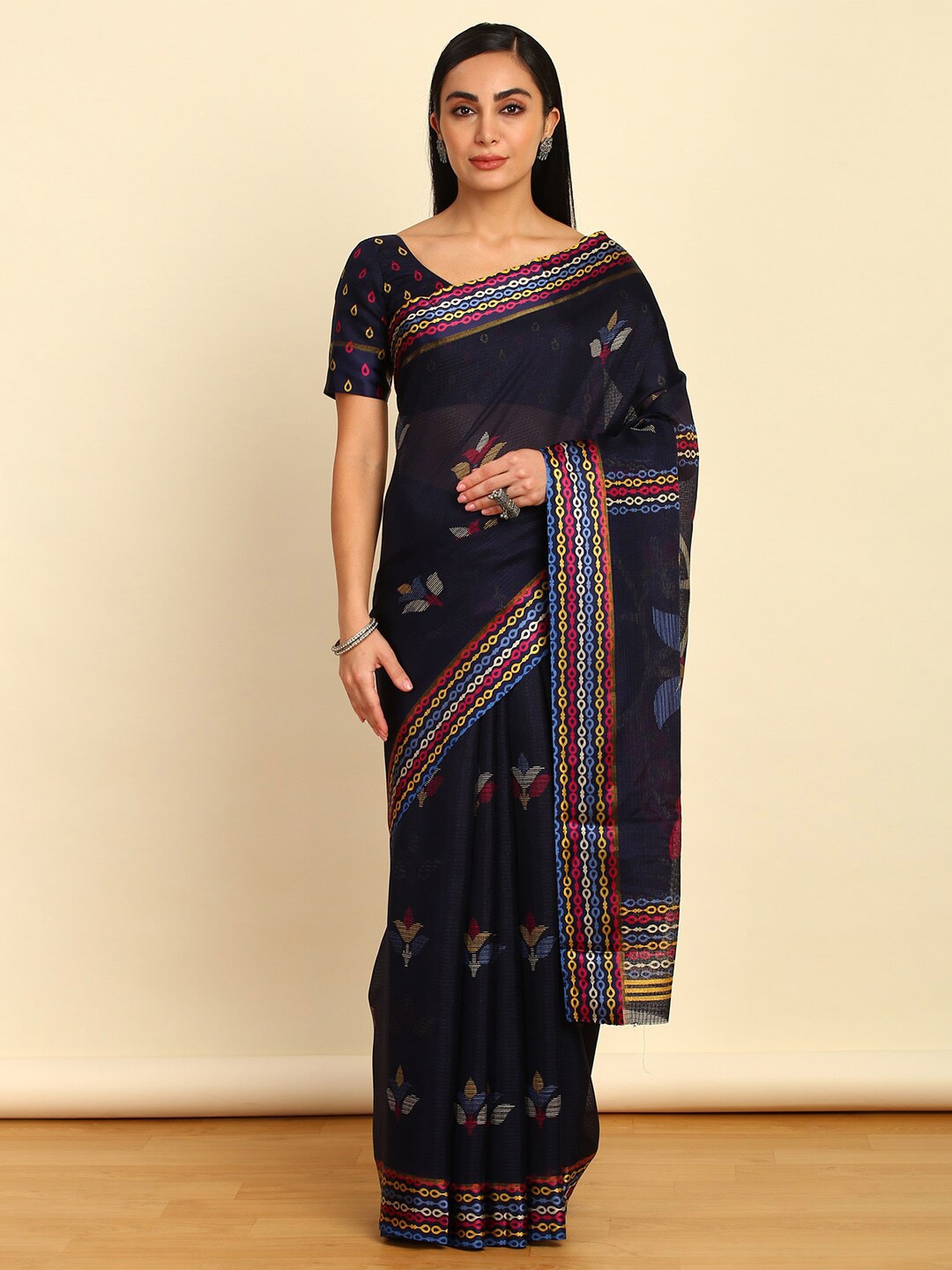 Soch Floral Pure Cotton Saree, Navy blue
