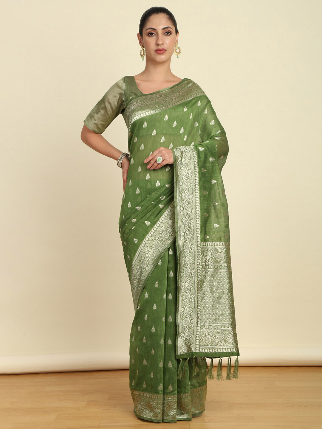 

Soch Woven Design Zari Tussar Saree, Green