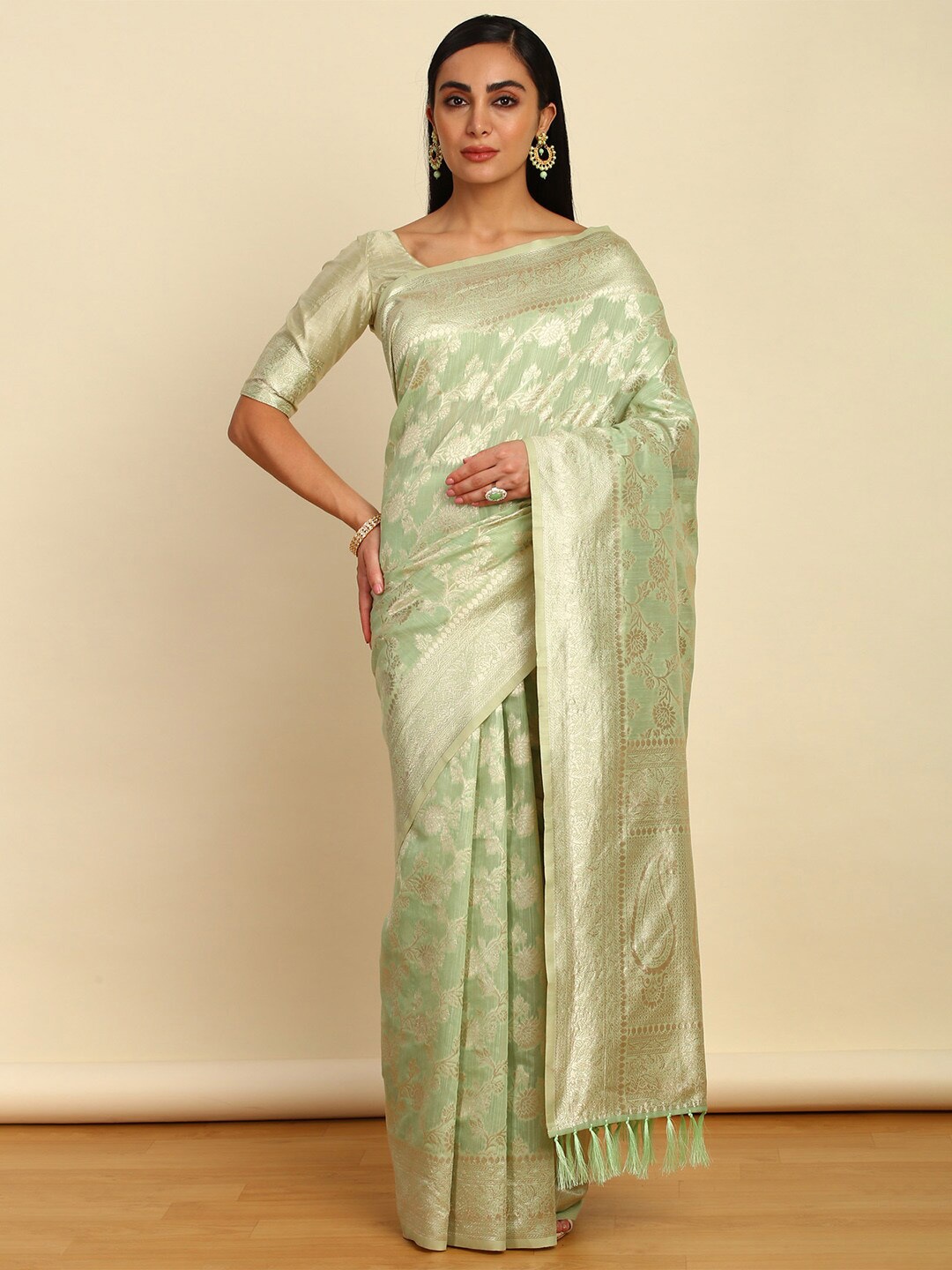

Soch Ethnic Woven Design Zari Tussar Saree, Green