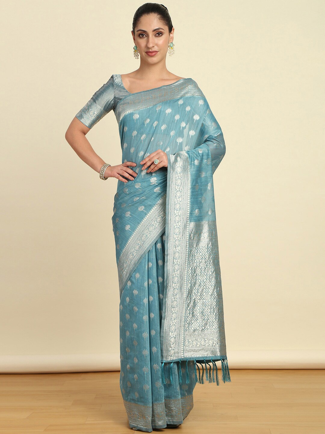

Soch Ethnic Motifs Woven Design Zari Tussar Saree, Turquoise blue