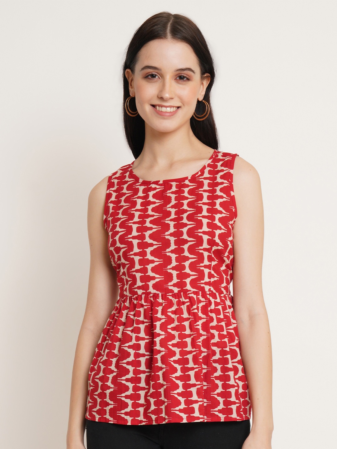 

KALINI Geometric Printed Round Neck Cotton Cinched Waist Top, Red