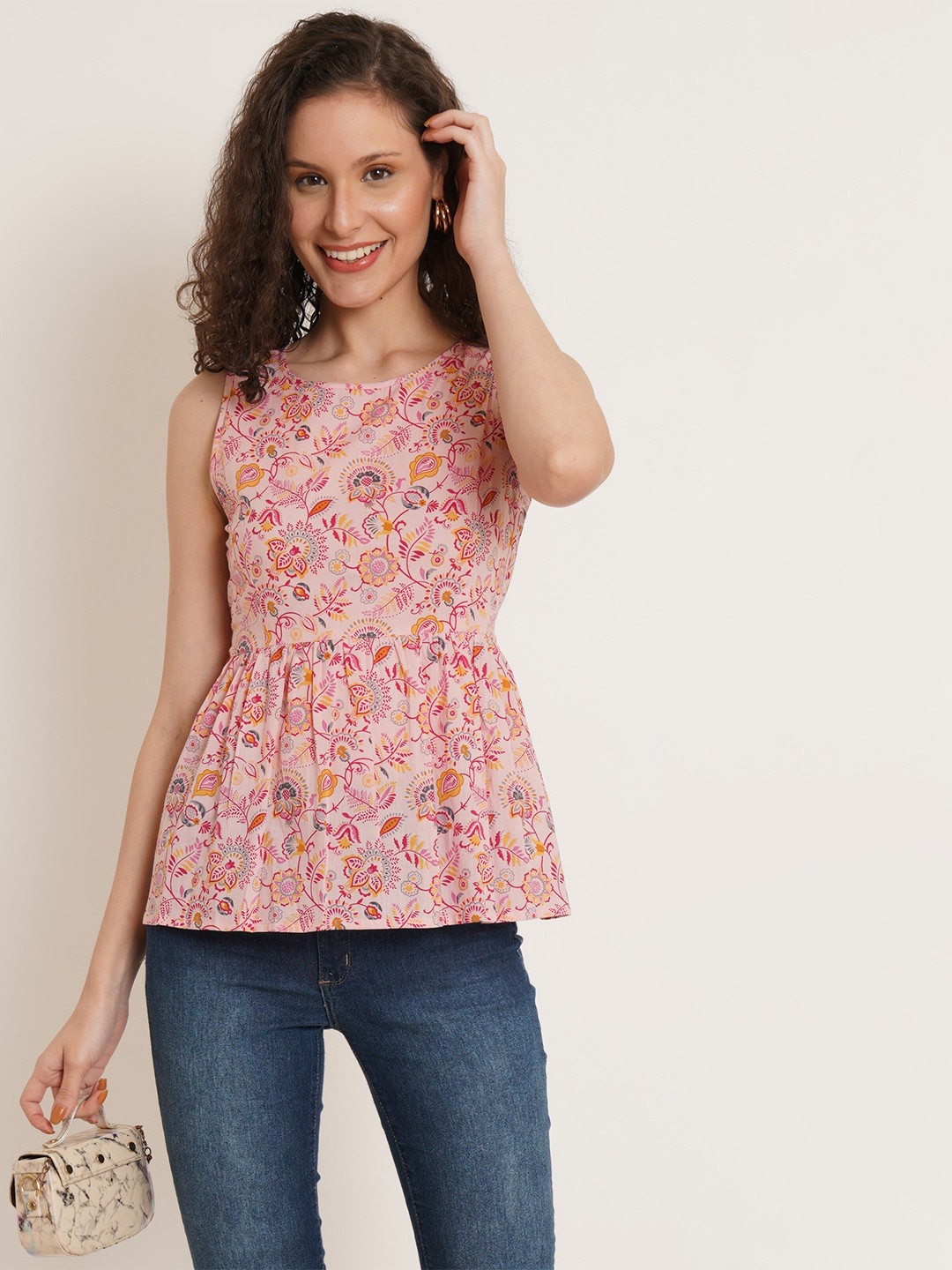 

KALINI Floral Printed Round Neck Cotton Peplum Top, Pink