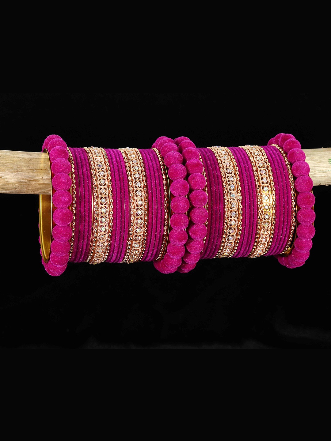 

NMII Set Of 44 Zircon Studded Velvet Chuda Bangles, Rose gold