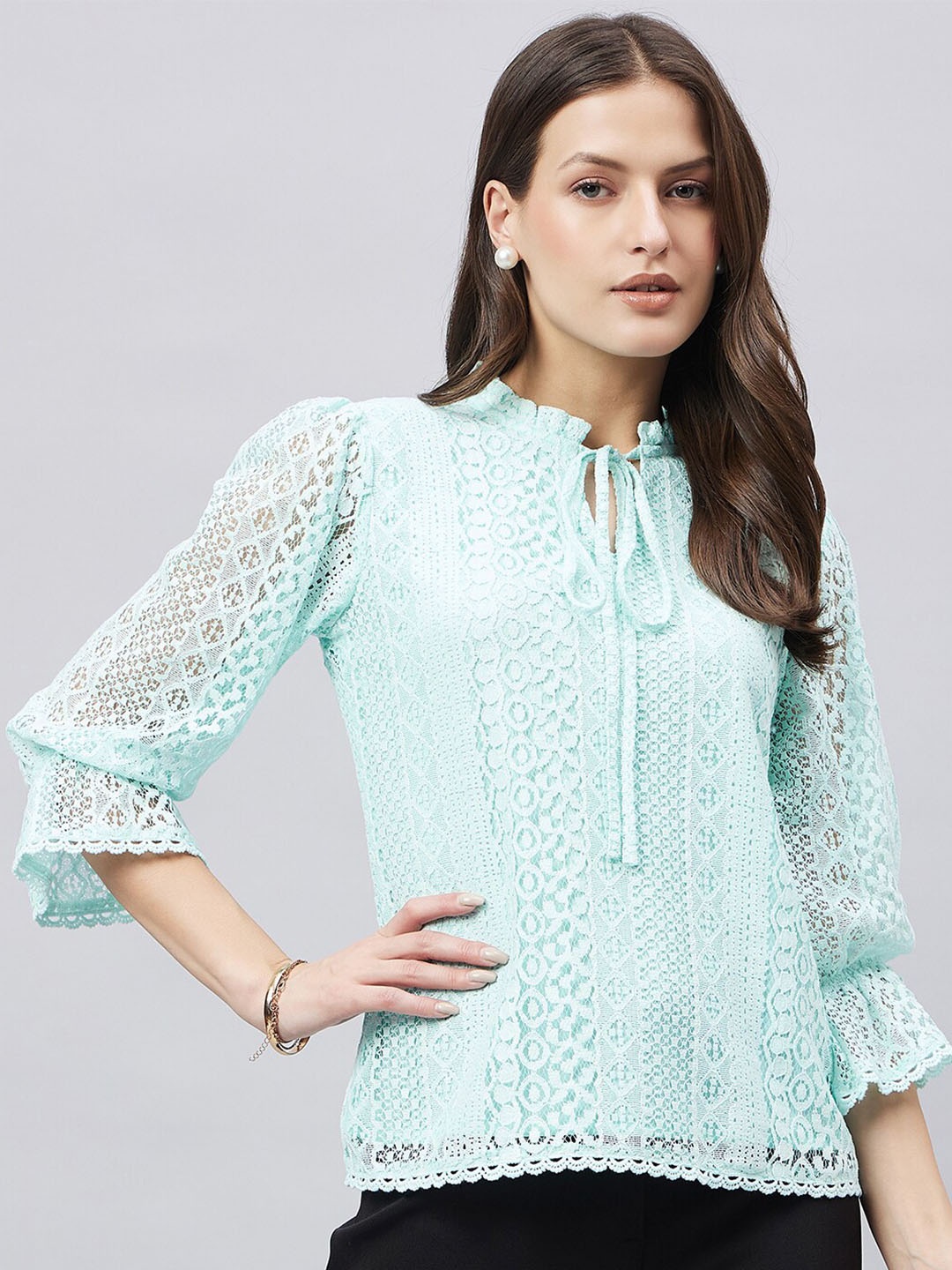 

Style Quotient Tie-Up Neck Bell Sleeve Cotton Lace Top, Blue