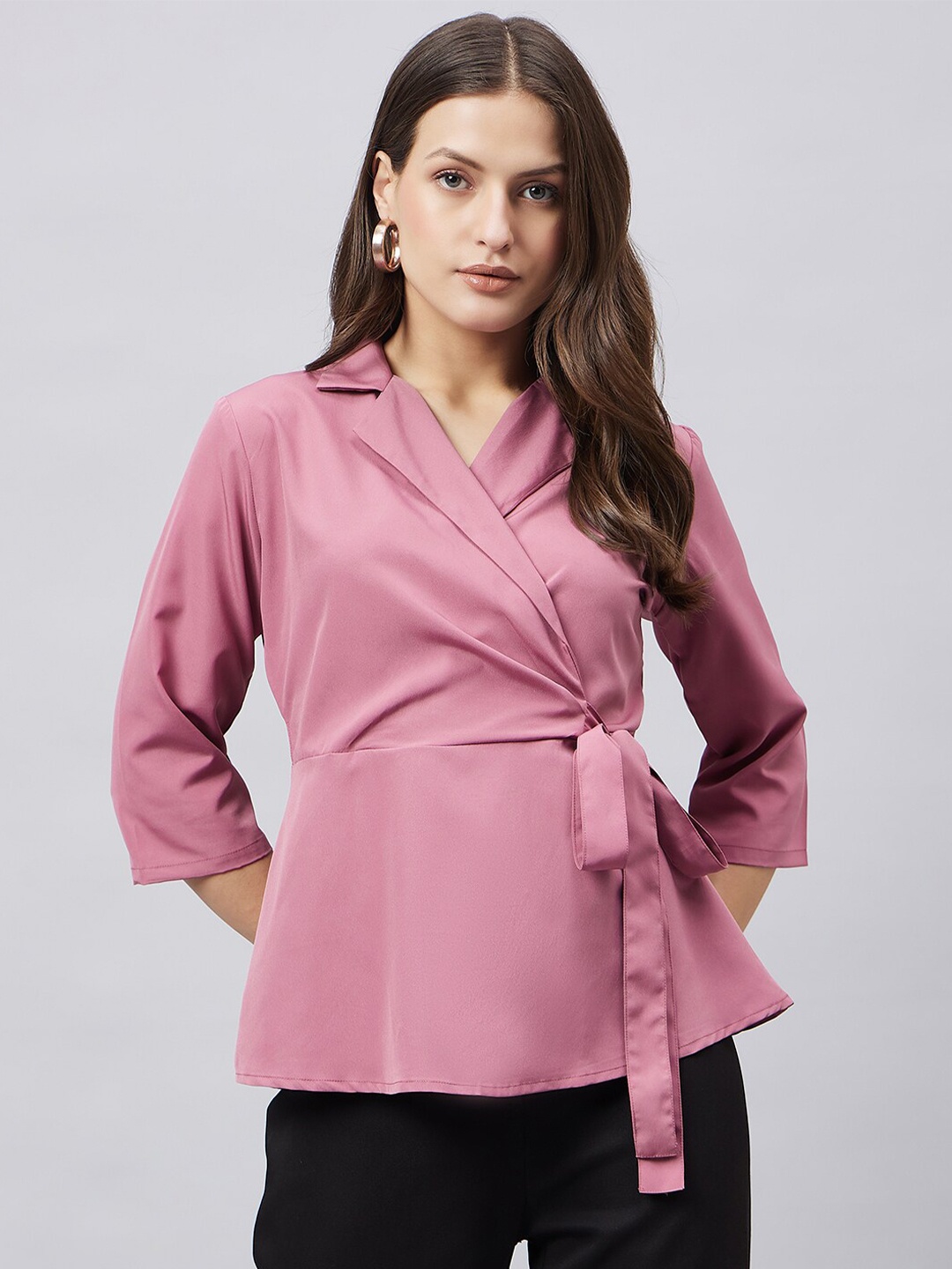 Style Quotient Shirt Collar Three-Quarter Sleeves Wrap Top, Pink