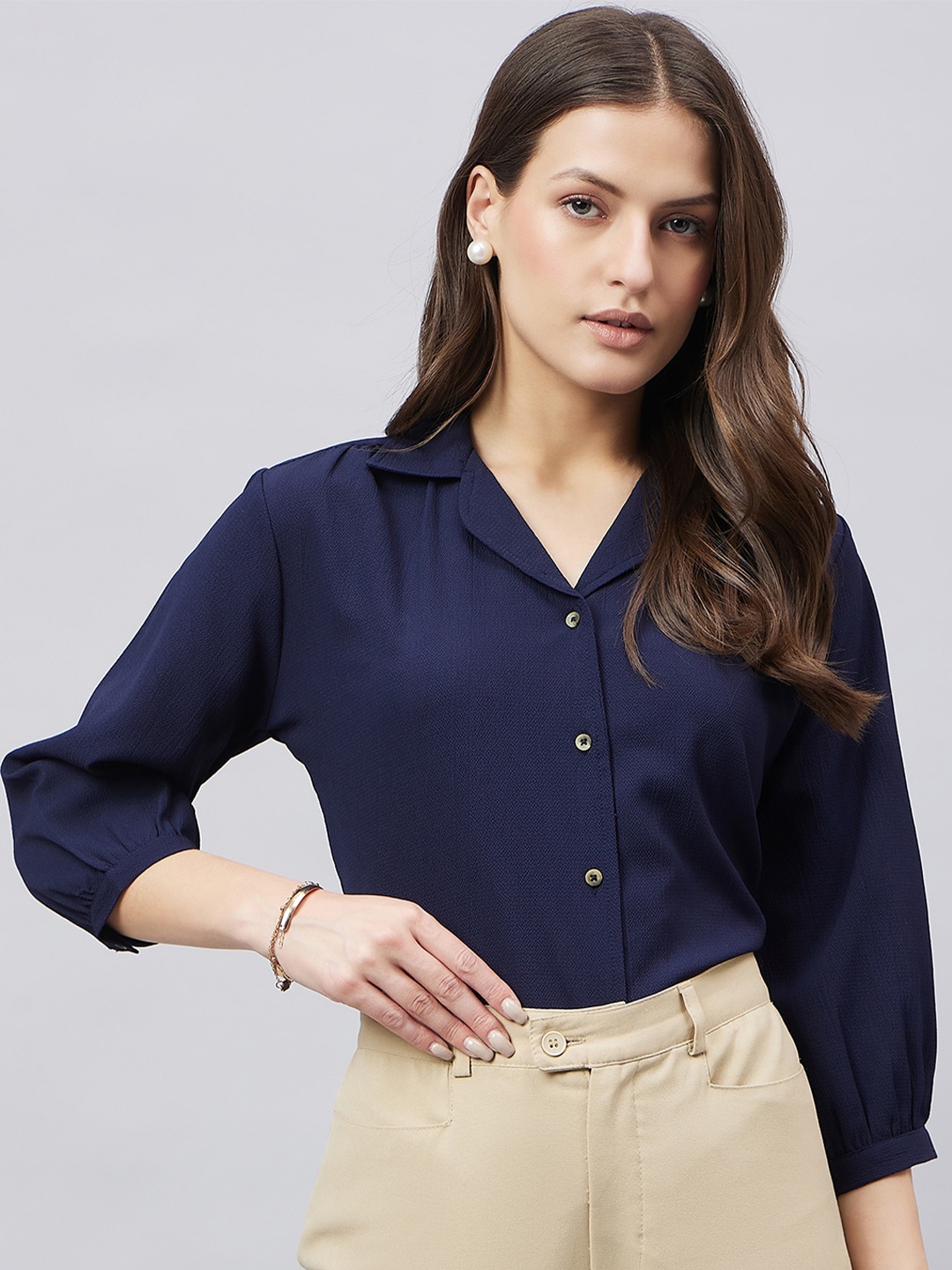 

Style Quotient Navy Blue Smart Cuban Collar Formal Shirt