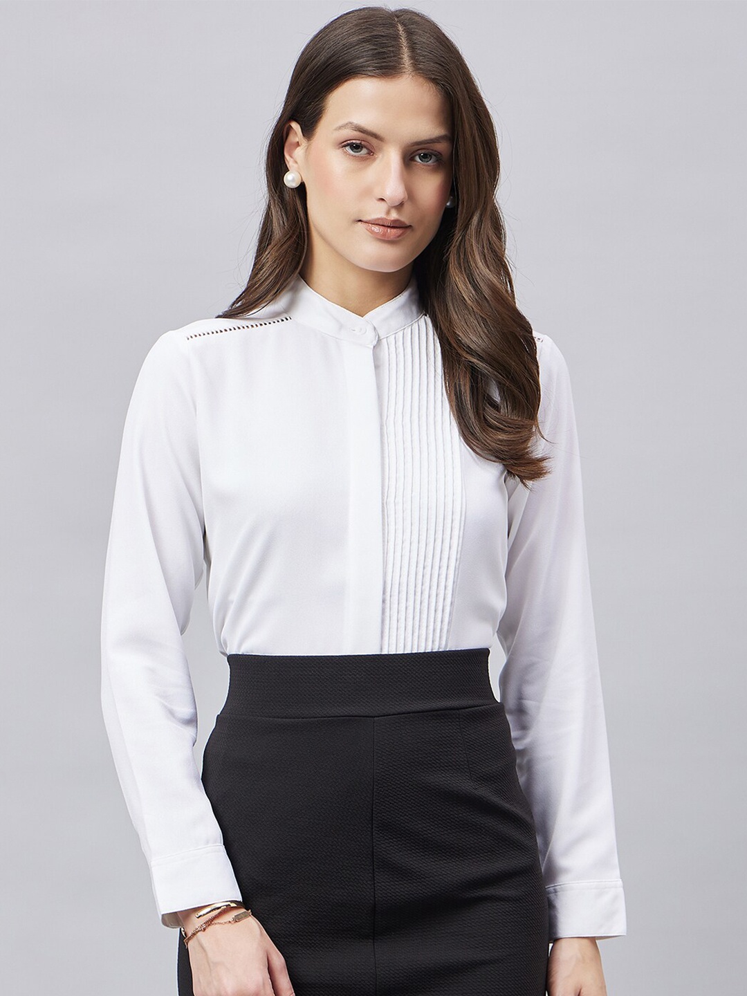 

Style Quotient White Smart Mandarin Collar Formal Shirt