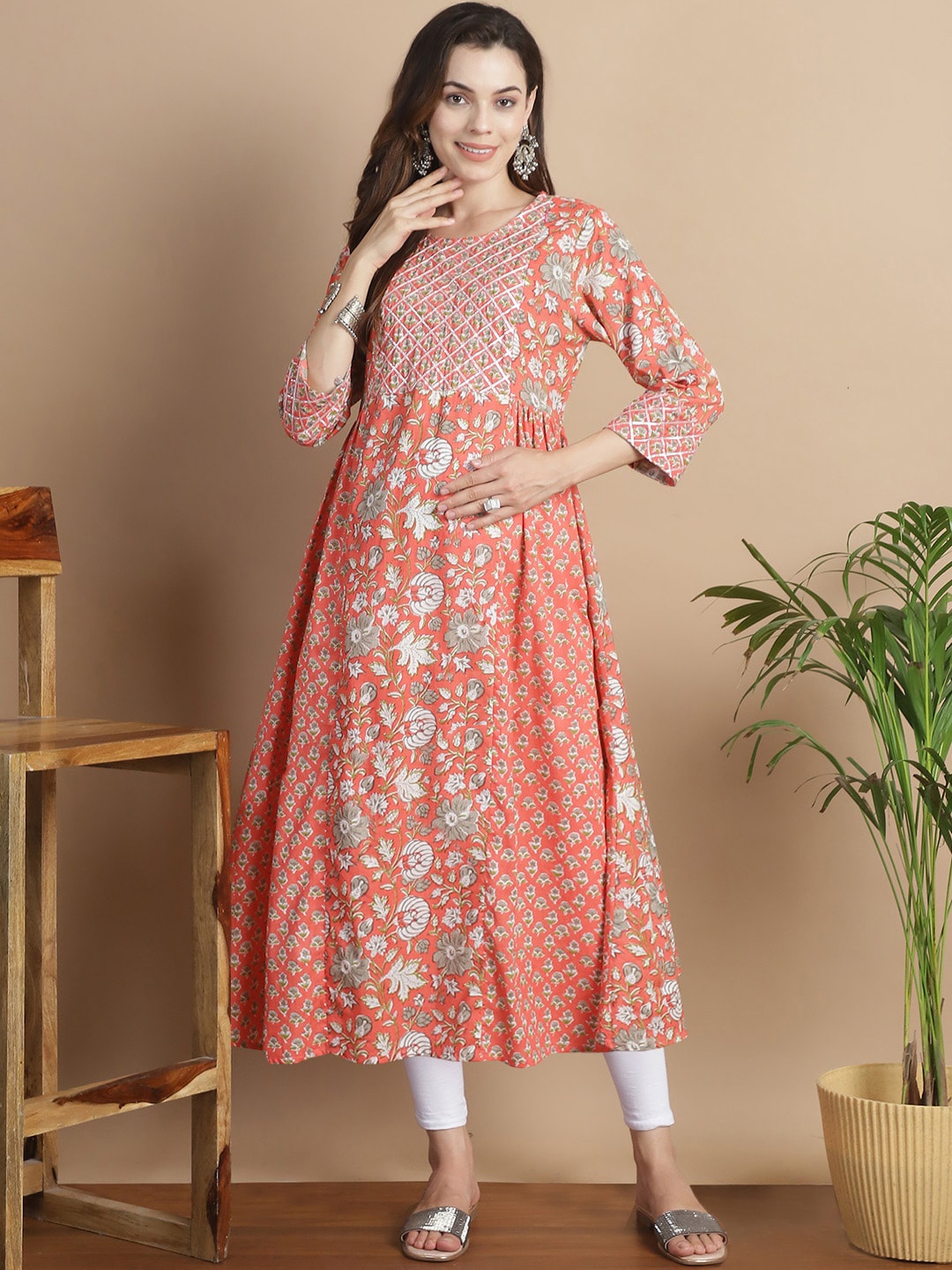 

Secret Wish Ethnic Motifs Printed Sequinned Cotton Anarkali Maternity Kurta, Peach