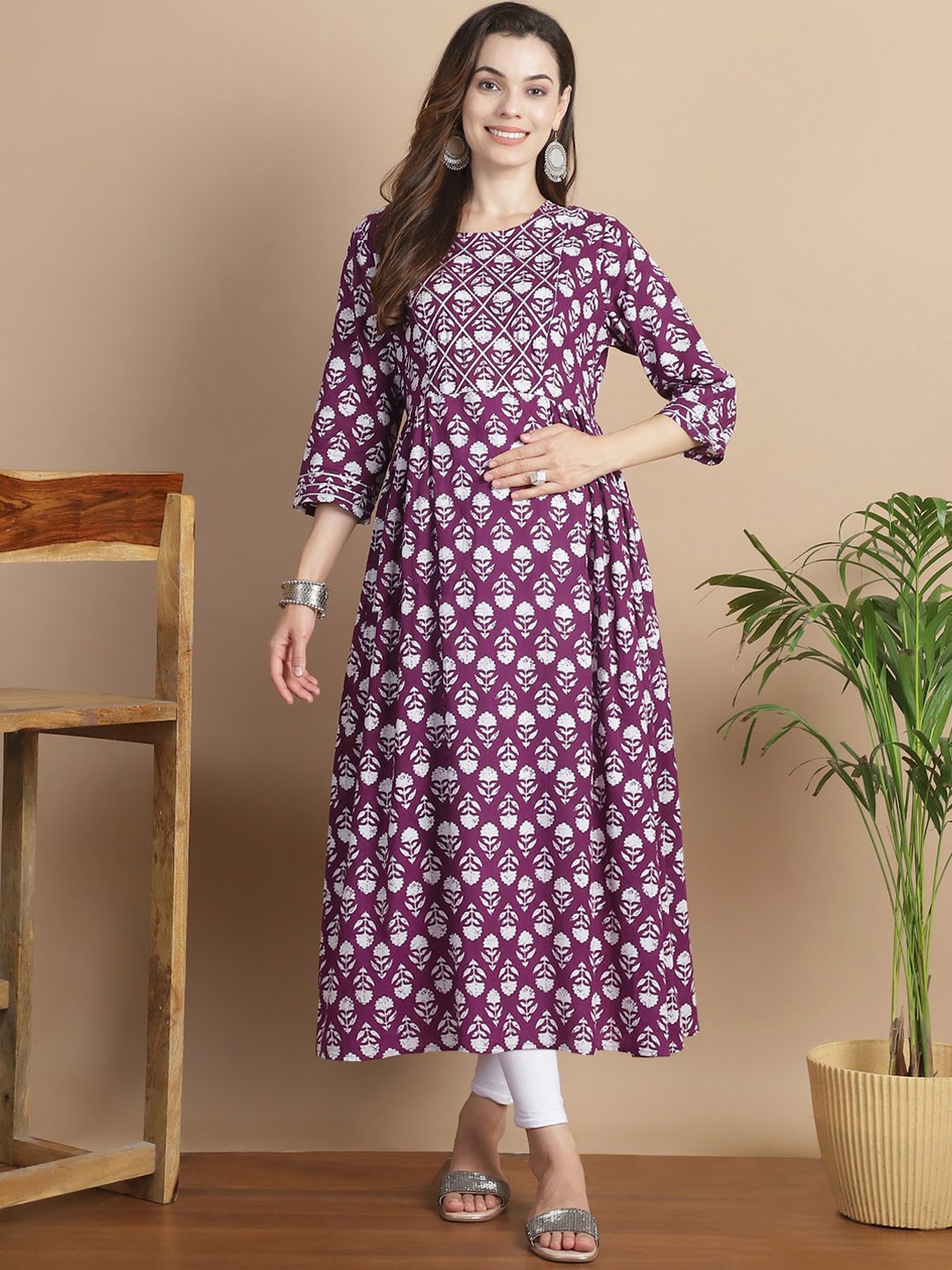 

Secret Wish Women Ethnic Motifs Printed Mirror Work Floral Maternity Kurta, Purple