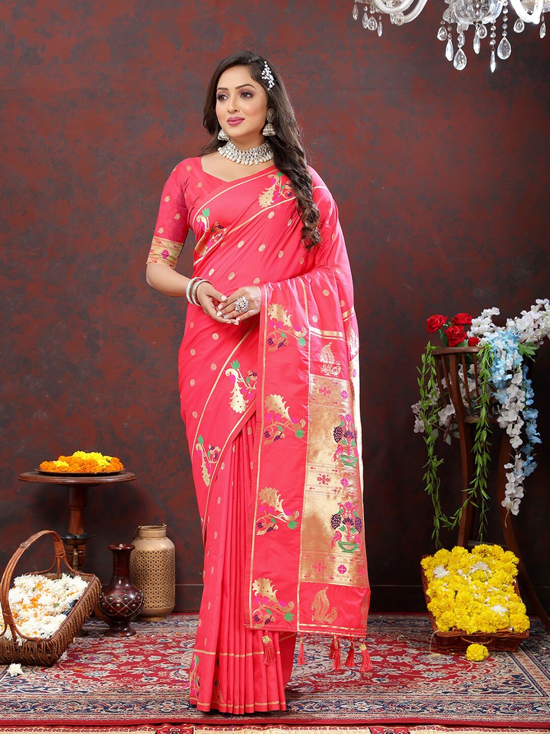 

MARGI DESIGNERS Ethnic Motifs Woven Design Zari Art Silk Paithani Saree, Pink