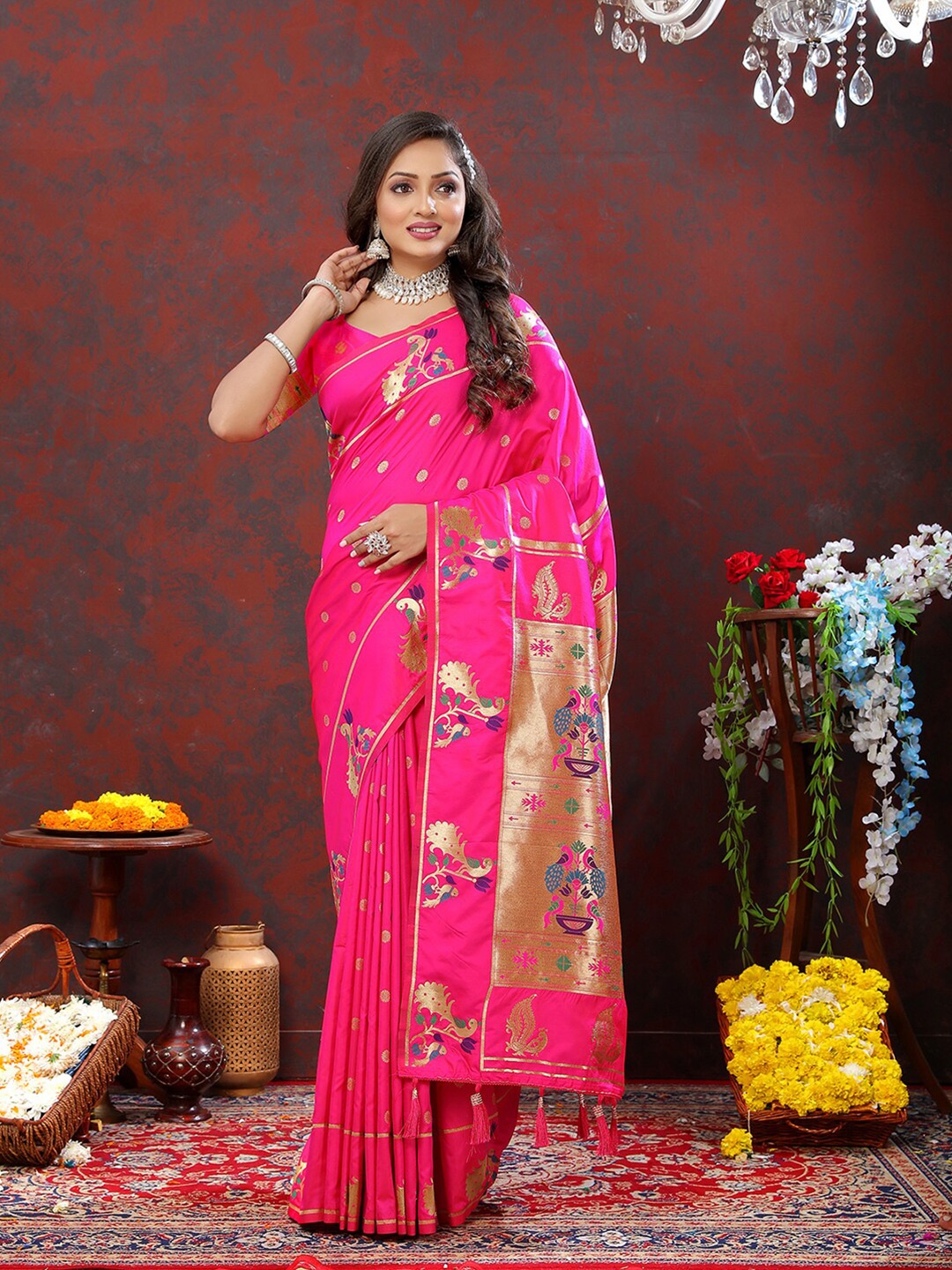 MARGI DESIGNERS Floral Woven Design Zari Art Silk Paithani Saree, Pink