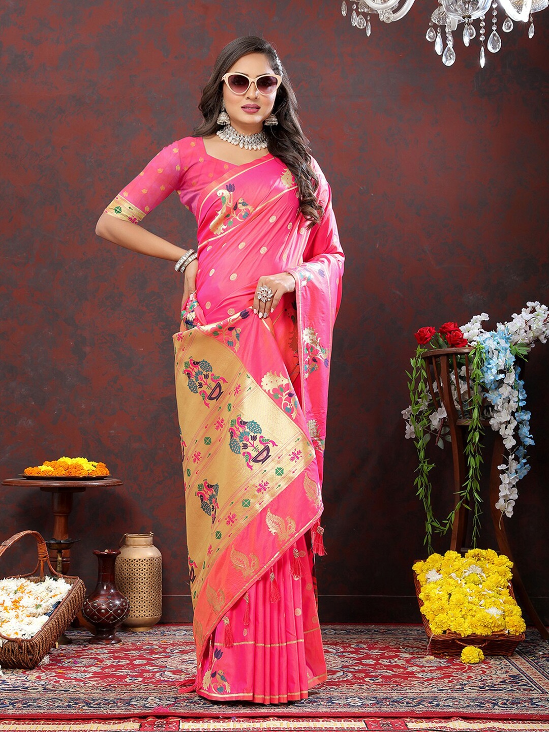 

MARGI DESIGNERS Ethnic Motifs Woven Design Zari Art Silk Paithani Saree, Peach
