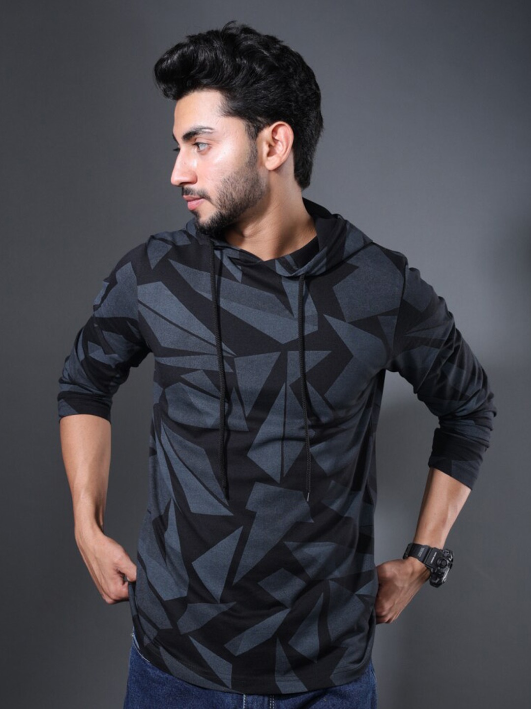 

Eyebogler Geometric Printed Hooded T-shirt, Grey