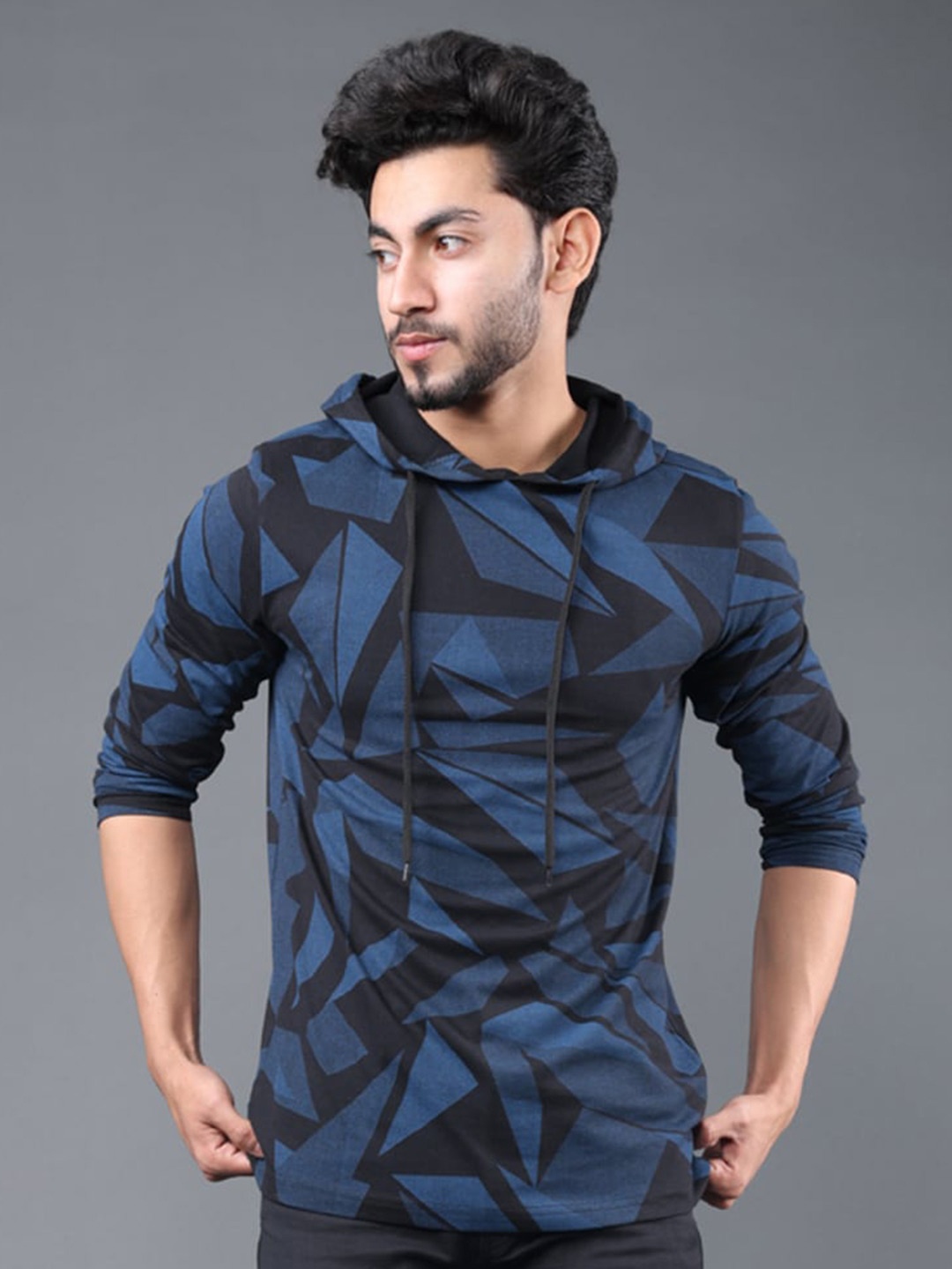 

Eyebogler Geometric Printed Hooded T-shirt, Blue
