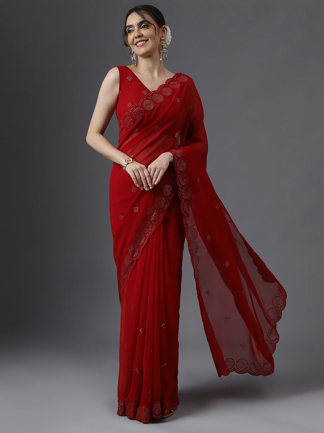 

kasee Embellished Embroidered Poly Georgette Saree, Red