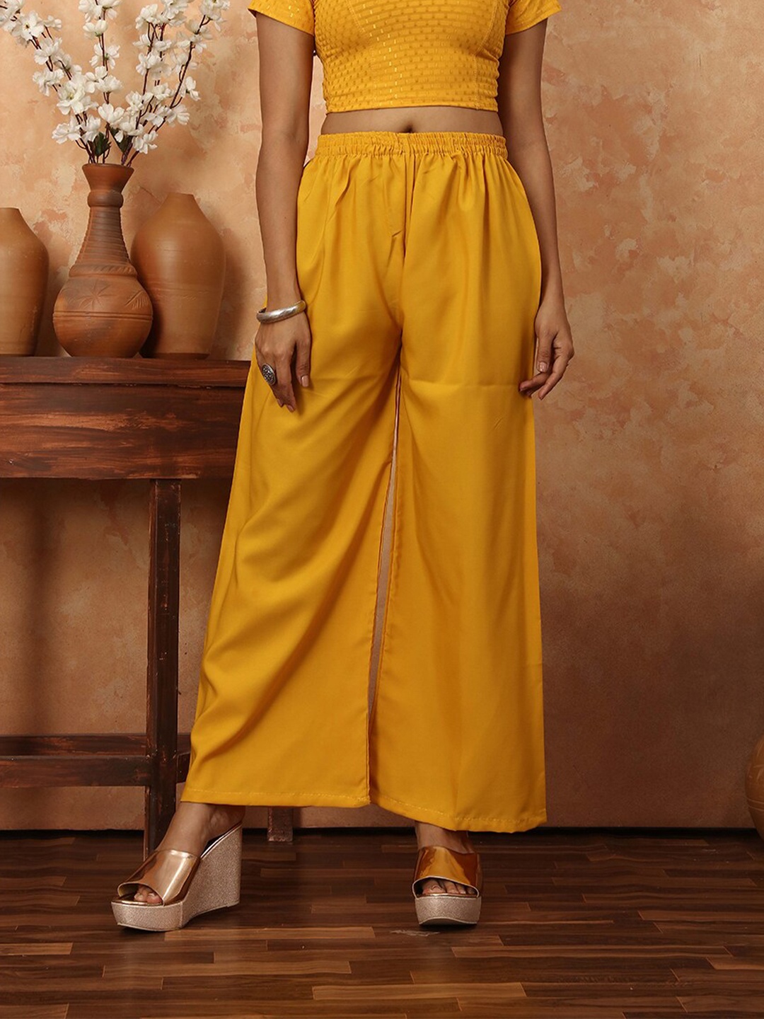 

N N ENTERPRISE Women Wide Leg Palazzos, Yellow