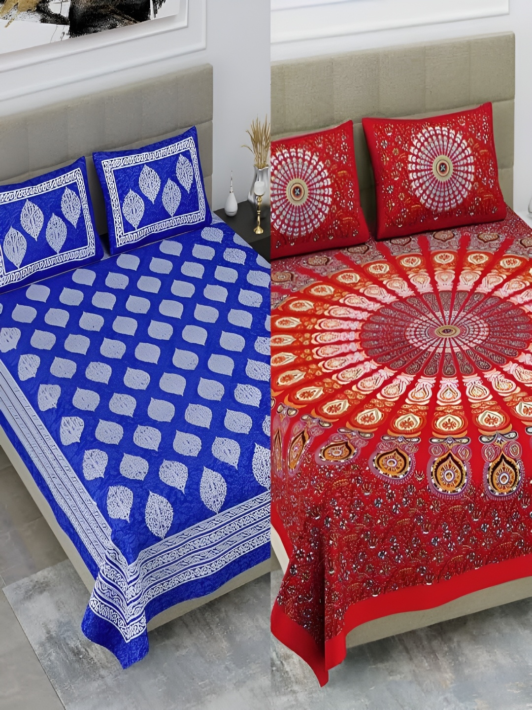 

Runjhun Red & Blue 2 Pcs Ethnic Motifs Cotton 180 TC 2 Queen Bedsheet with 4 Pillow Covers